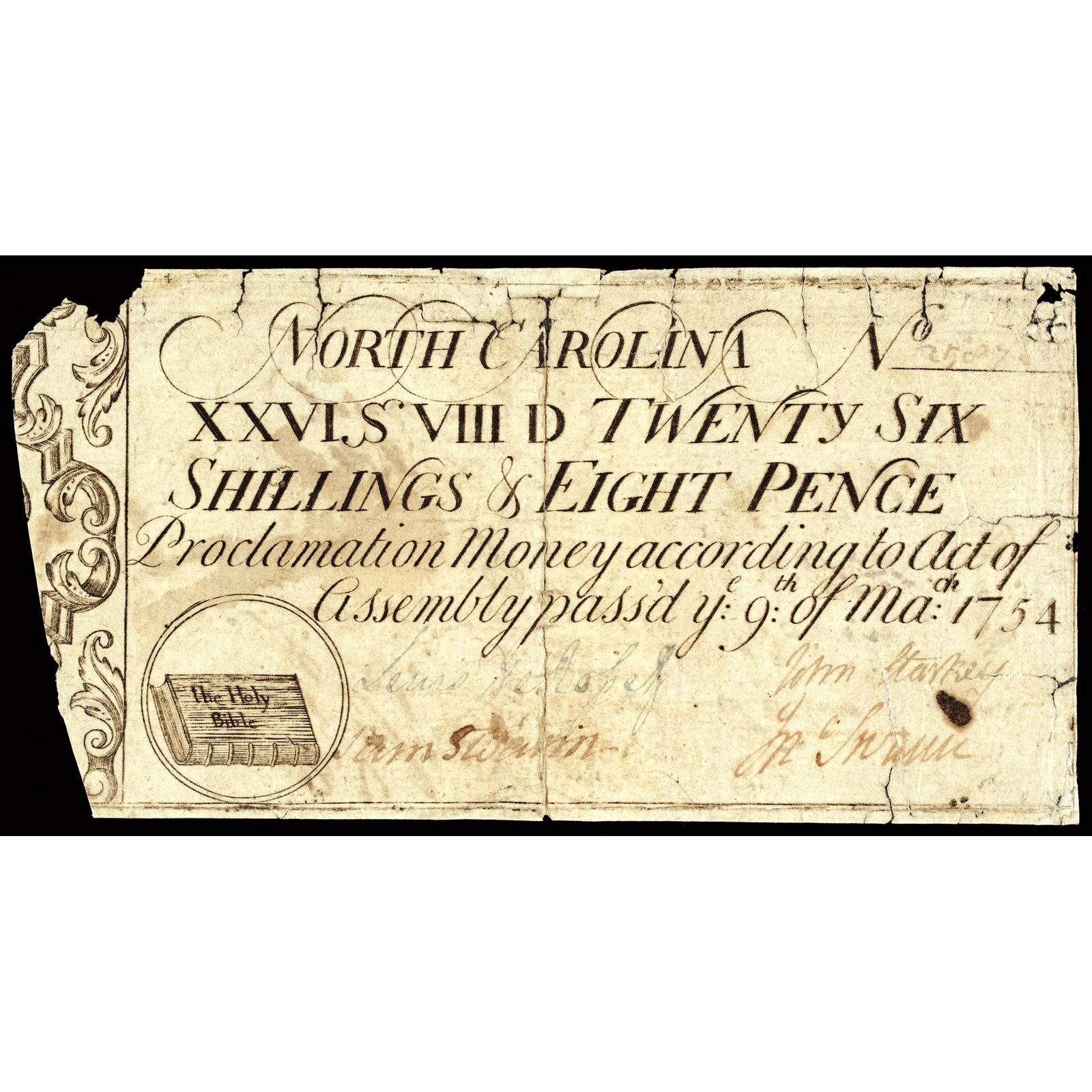 Colonial Currency, The Holy Bible NC. March 1754 (1 of 6)