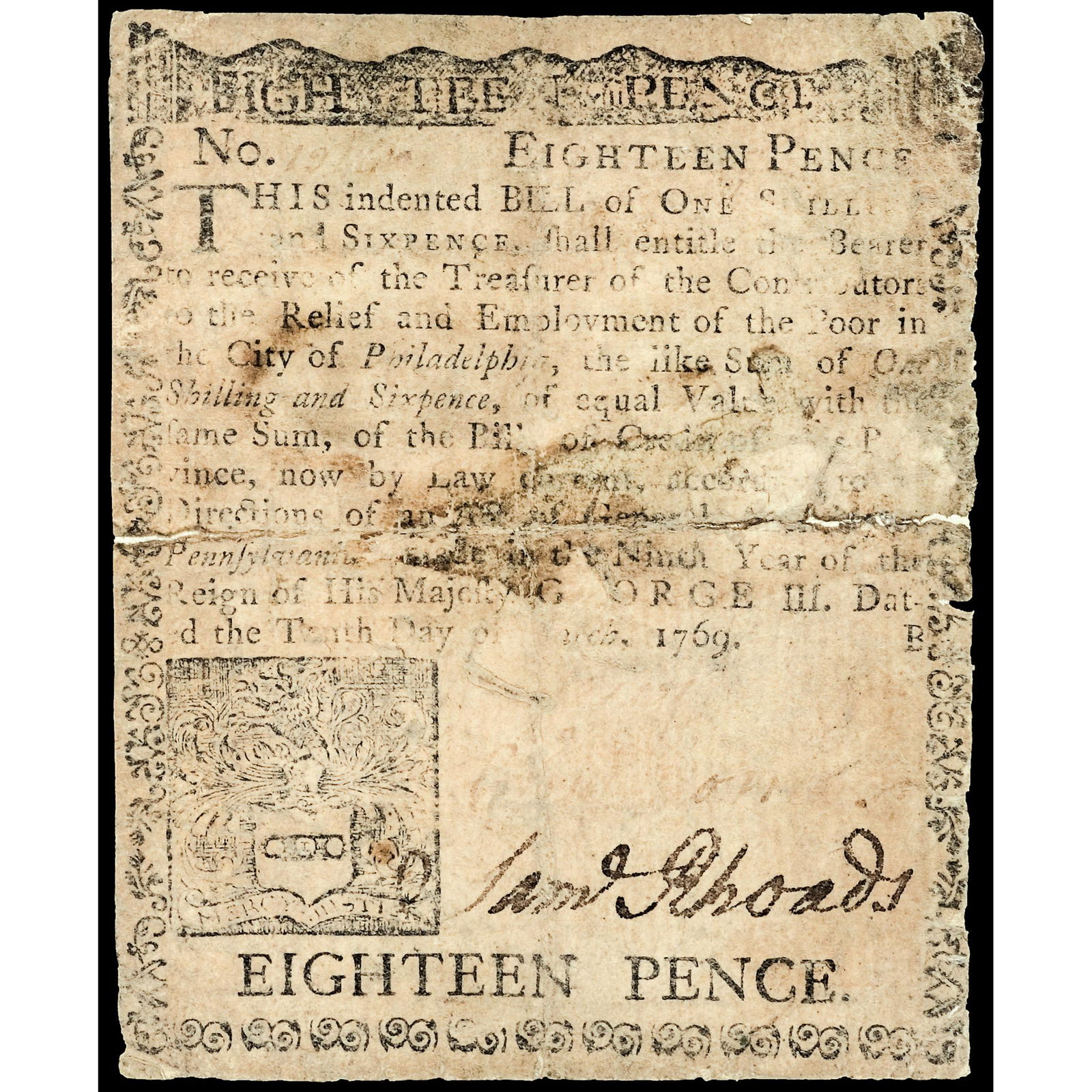 Colonial Currency, PA. March 10, 1769, 18 Pence (1 of 2)