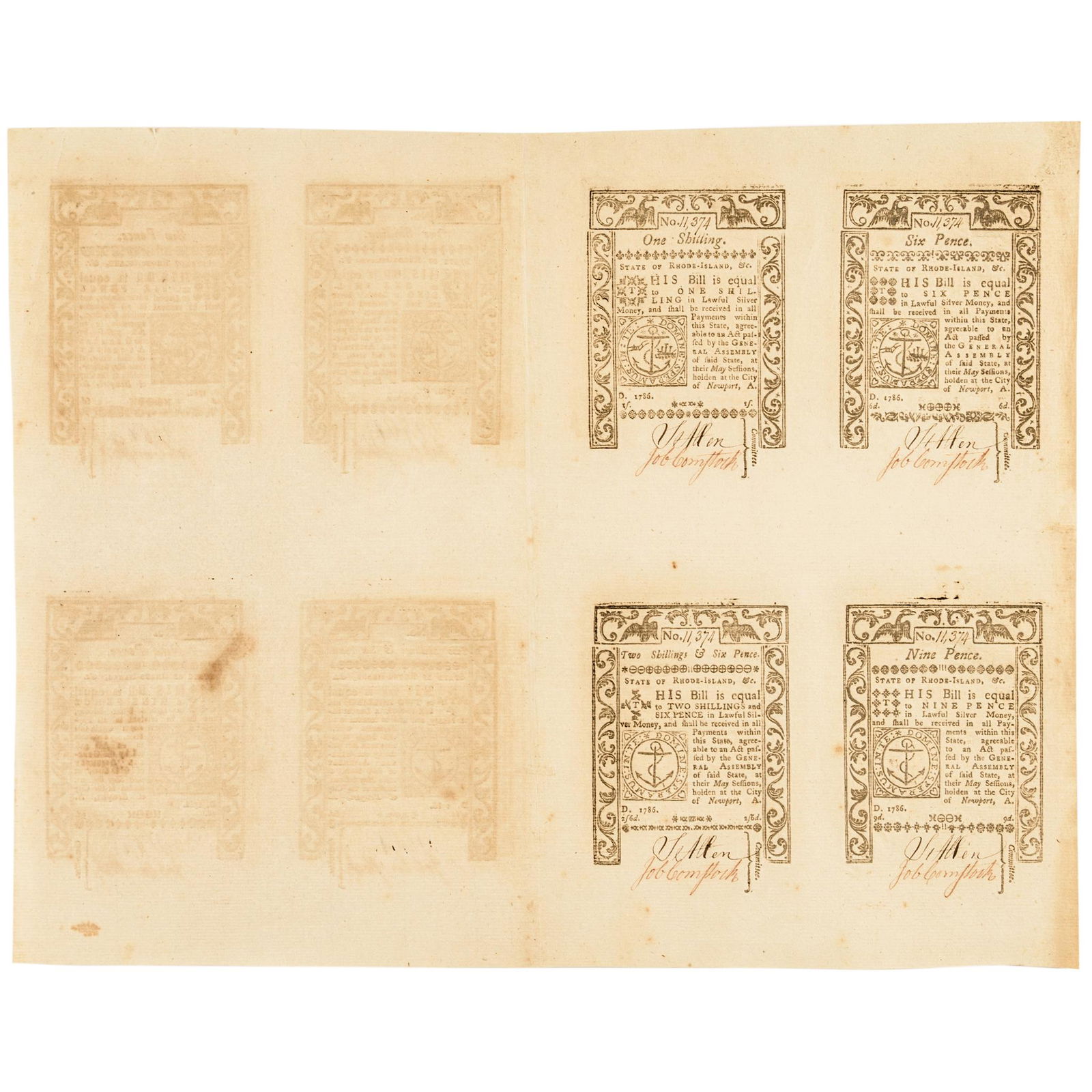 Colonial Currency RI May 1786 Uncut Double Sheet (1 of 2)