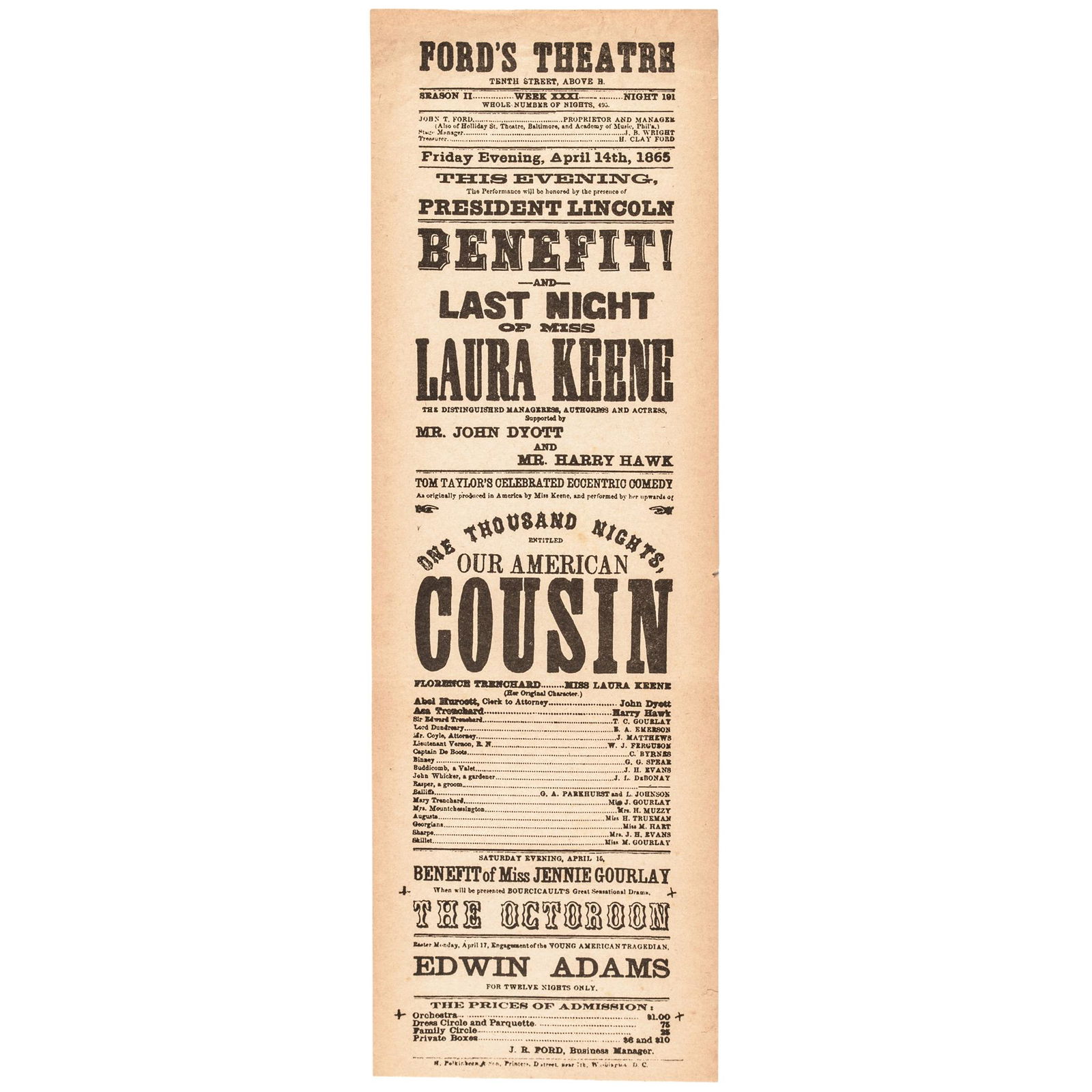 Reproduction of Fords Theatre Printed Broadside (1 of 2)