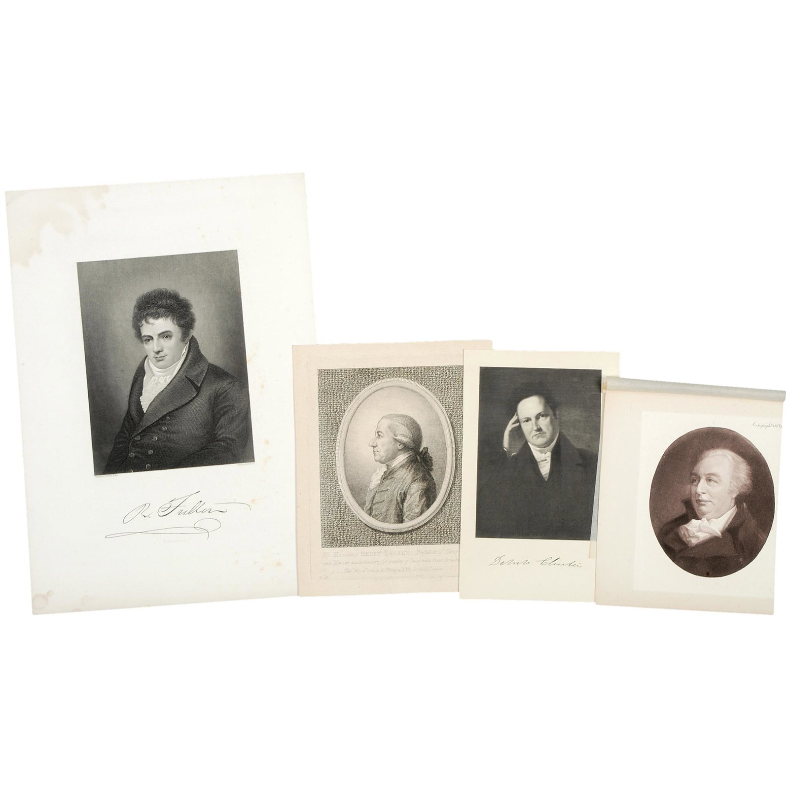 c 1783-1910 4 Portrait Prints of Famous Americans: Prints Four Portrait Prints of Famous Americans Henry Laurens, Robert Fulton, DeWitt Clinton, and Gouverneur Morris c. 1783-1910, Lot of 4 Portrait Prints of Famous Americans, Copper Plate, Steel Plat