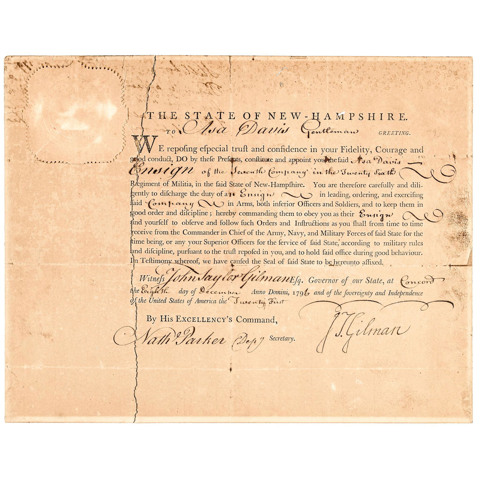 Military Appointment Signed JOHN TAYLOR GILMAN: Autographs 1796 New Hampshire Governor & Commander in Chief John Taylor Gilman Signed Militia Military Appointment JOHN TAYLOR GILMAN (1753-1828). Two Time Governor of New Hampshire, Farmer, Shipbuild