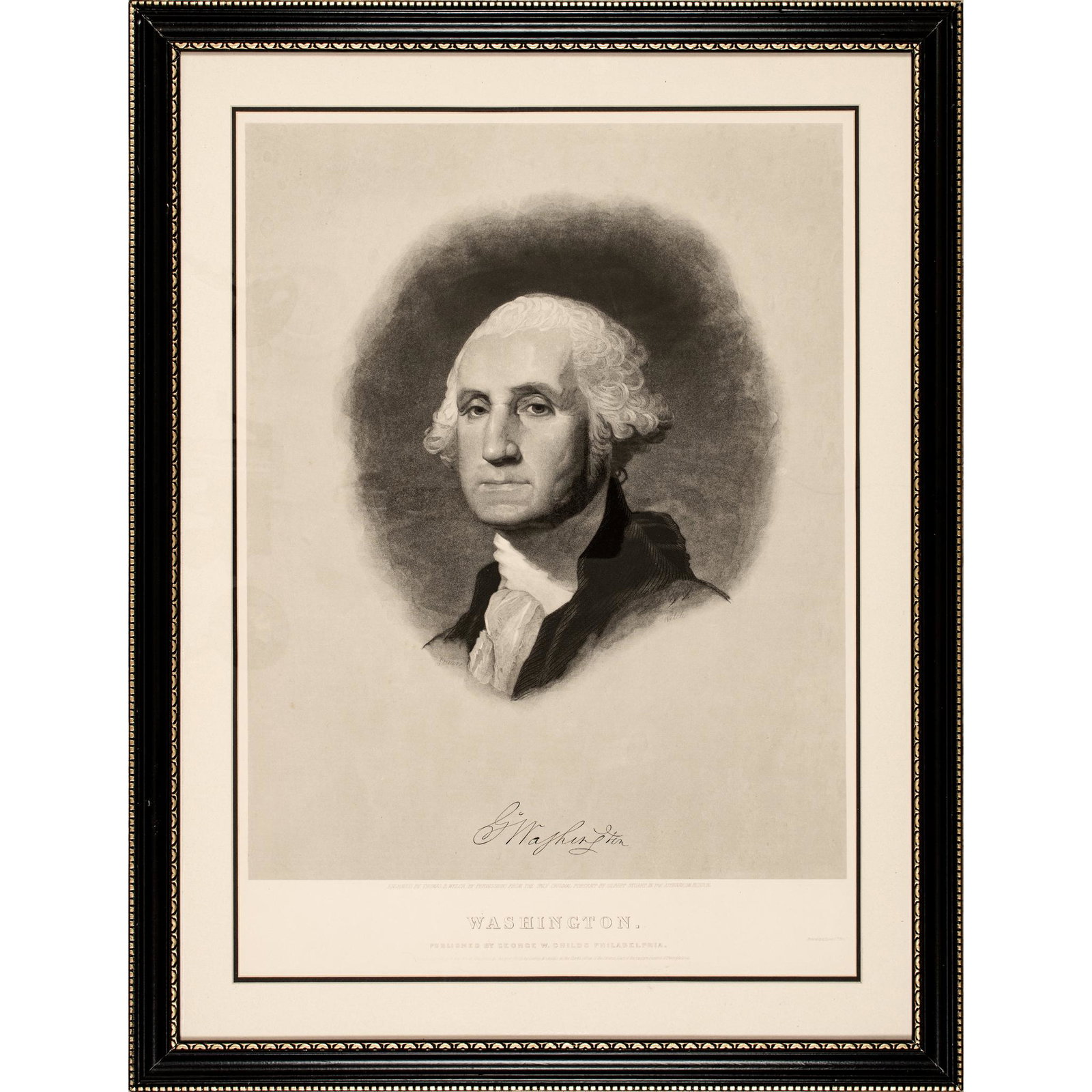 1852 Thomas Welch Engraving of George Washington: Washington Related 1852 George Washington Engraving by Thomas B Welch, after Gilbert Stuart Beautifully Framed for Display 1852-Dated, Steel Engraving of President George Washington, by Thomas B Welch