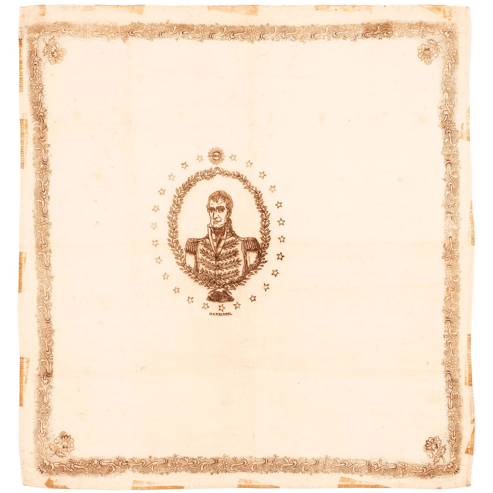 1840 U.S. Presidential William Harrison Bandanna: Political 1840 United States Presidential Election William Henry Harrison Portrait Silk Bandanna No. 141 in "Threads of History" c. 1840 Presidential Campaign, General William Henry Harrison Portrait,