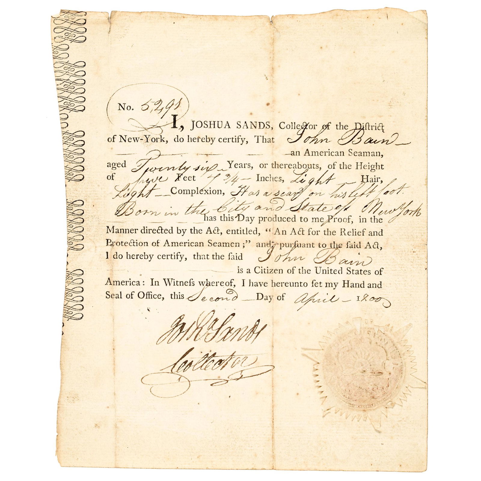 1800 Rare NY Seamans Naval Protection Document (1 of 3)