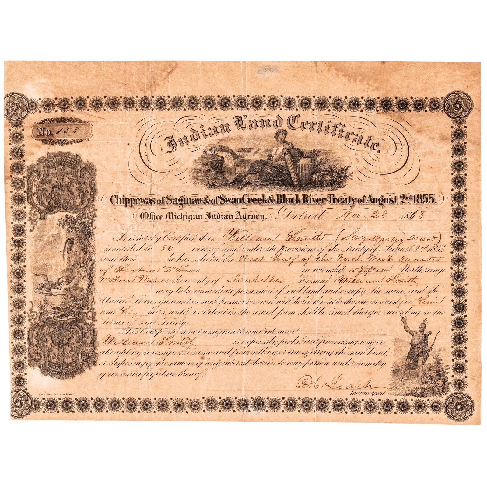 1863 Rare Michigan Indian Land Certificate (1 of 2)