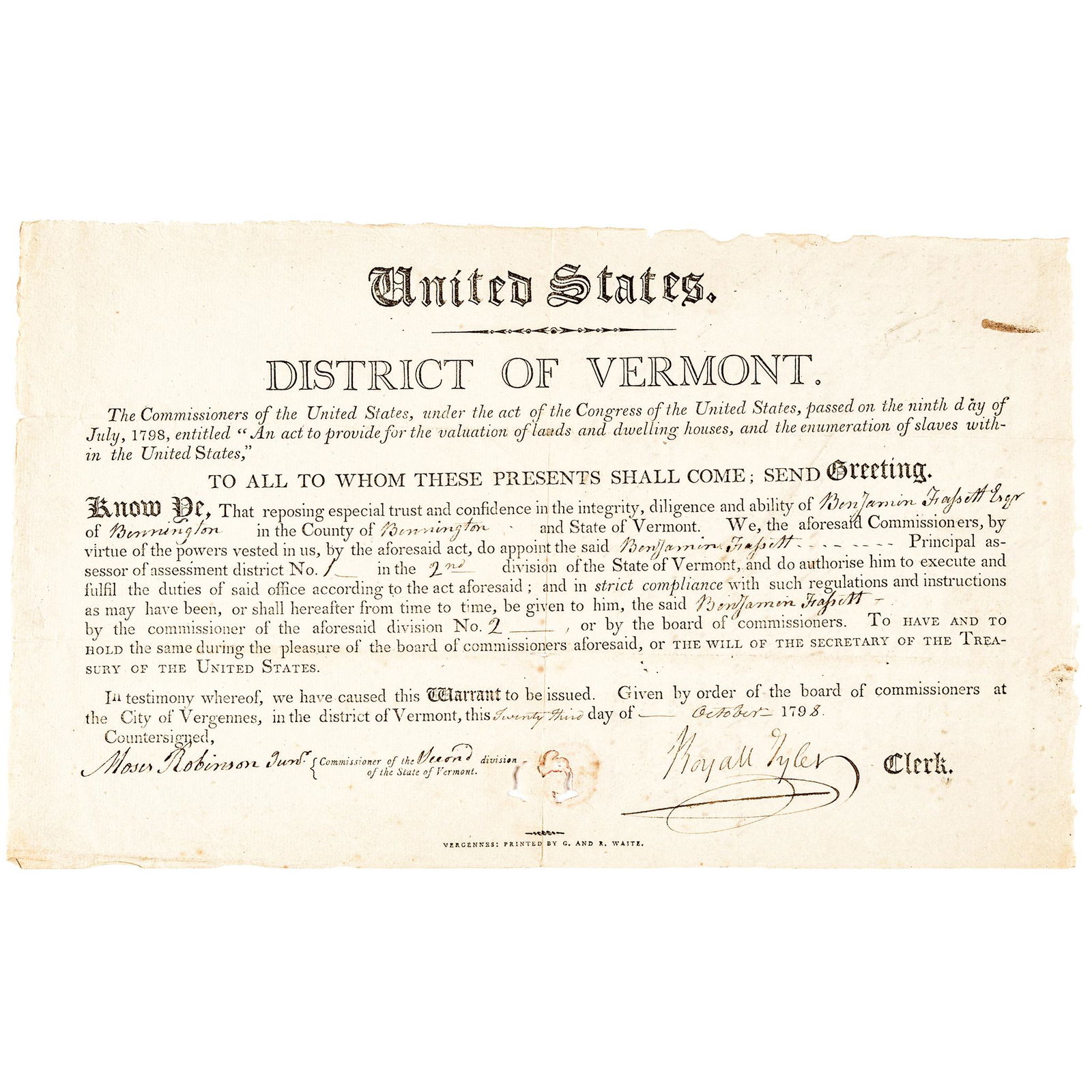 1798 US Vermont Appoints an Assessor to Count Their Slaves (1 of 5)
