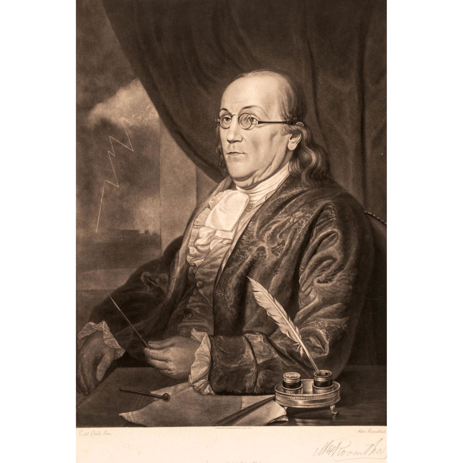 1901 Proof Print of Ben Franklin by Max Rosenthal: Prints 1901-Dated Max Rosenthal Signed Artist's Benjamin Franklin Portrait Proof Print after Charles Wilson Peale 1901 Dated Print of Benjamin Franklin, after a famous painting by Charles Wilson Peale