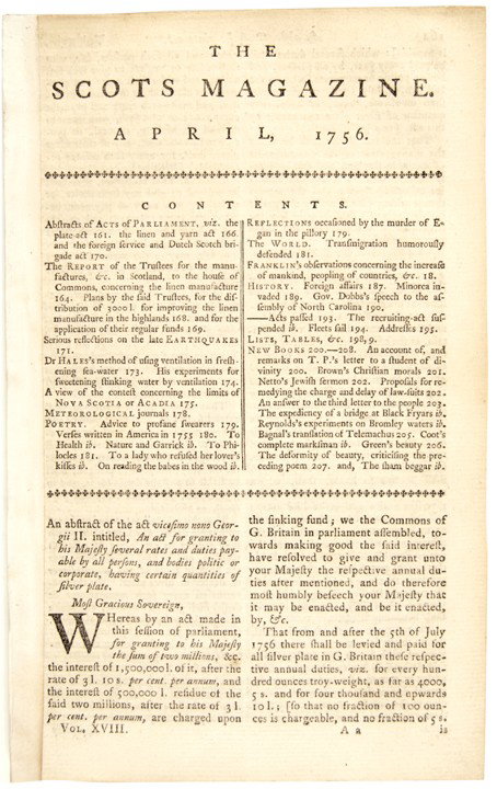 THE SCOT'S MAGAZINE, April 1756-Dated: Colonial America Coins & Currency of North Carolina and America & More April 1756-Dated French and Indian War Period, Magazine titled, "THE SCOT'S MAGAZINE," with Experiments by Dr. Benjamin Franklin,