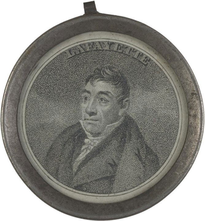 c. 1824, "Lafayette" Titled Portrait Hand Mirror: Post-Revolutionary War to Civil War Rare Circa 1824 "Lafayette" Portrait Mirror c. 1824 "Lafayette" Titled Portrait, Commemorative Circular Hand Mirror. Nickelplated and Mirror glass. Original hanger