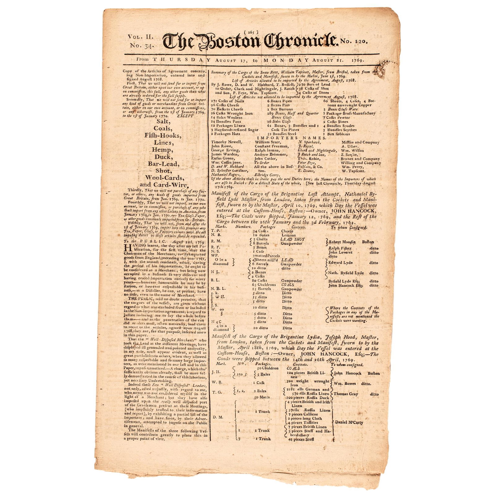 1769 Rare Important Boston Chronicle Newspaper (1 of 8)