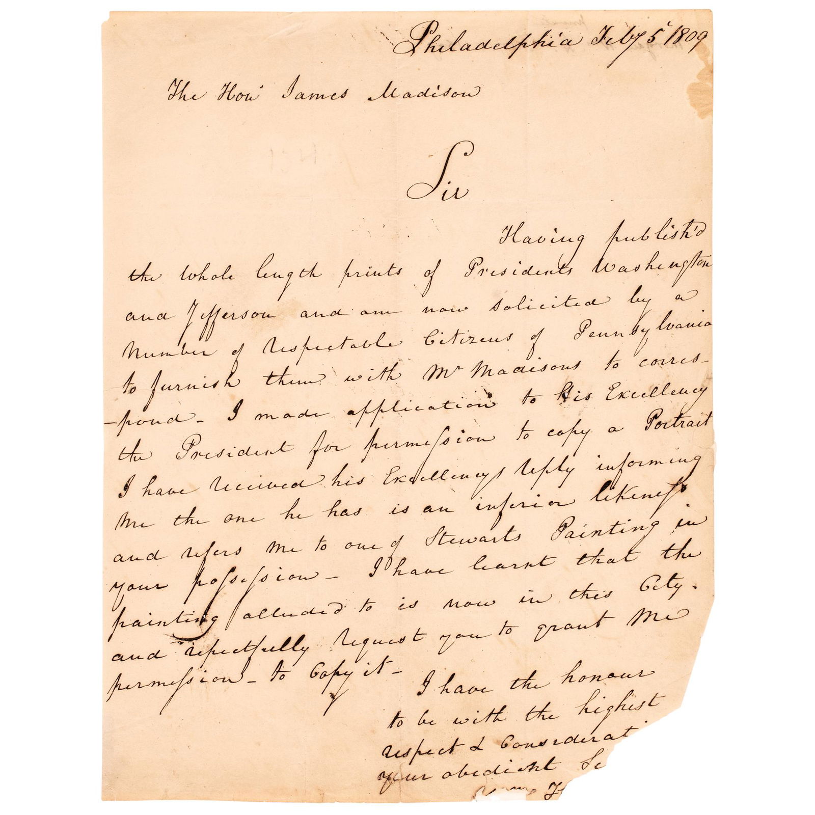 Letter to James Madison to Copy Stuarts Portrait: Federal Period Feb. 1809 Letter to President-Elect James Madison Asking Permission to Copy his Portrait by Gilbert Stuart to Publish Feb. 5, 1809-Dated Federal Period, Letter to James Madison from Phi