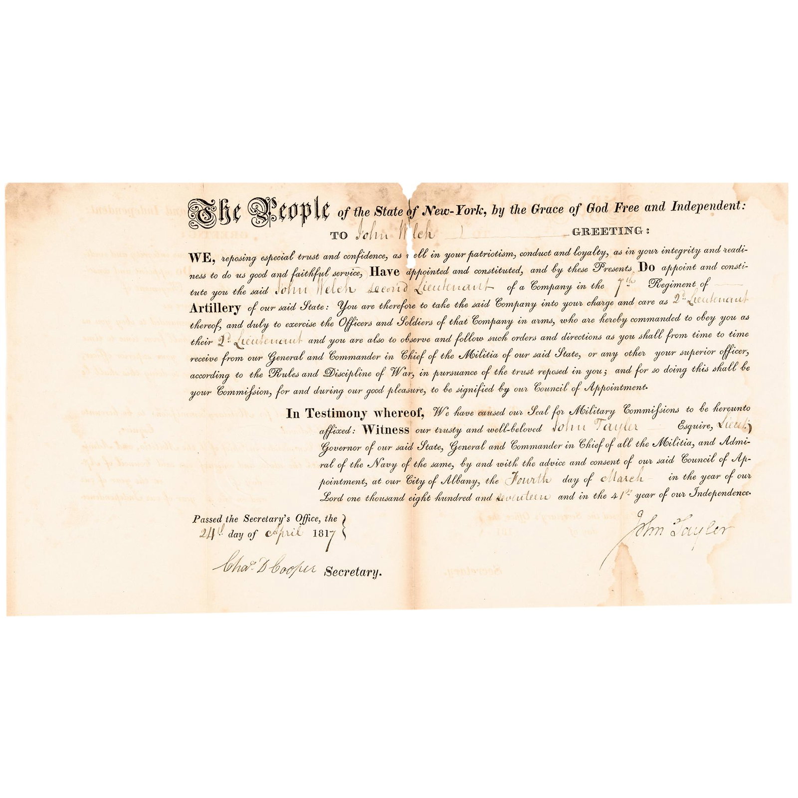 1817 N.Y. Governor JOHN TAYLER Signed Document (1 of 3)