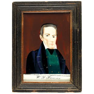 c. 1841 William Henry Harrison Reverse Painting: Post-Revolutionary War to Civil War President William Henry Harrison Reverse Painting on Glass c. 1841 Reverse Painting on Glass of President William Henry Harrison, Framed, Choice Extremely Fine. Thi