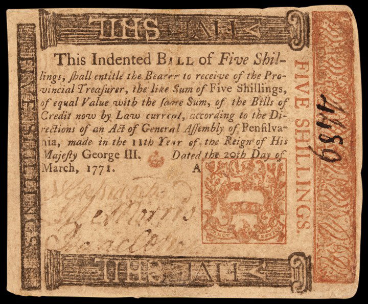 Pennsylvania. March 20, 1771. Five Shillings. Plate A. : Pennsylvania Currency March 20, 1771 Five Shillings Pennsylvania Colonial Note Pennsylvania. March 20, 1771. Five Shillings. Plate A. Red and Black Print. Very Fine. Fr. PA-146. This colorful Pennsylv