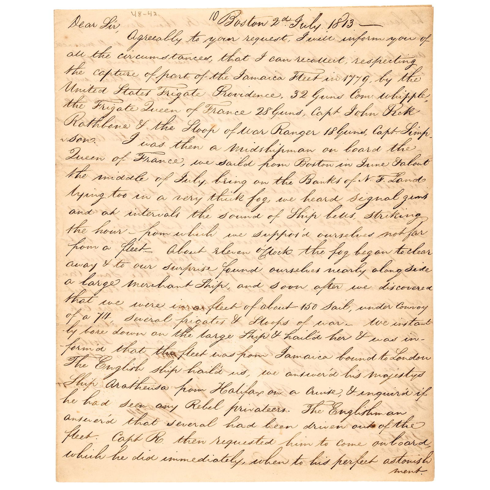 1813 Letter Describes Capture of 11 British Ships off Jamaica in the Revolutionary War 1779 (1 of 6)