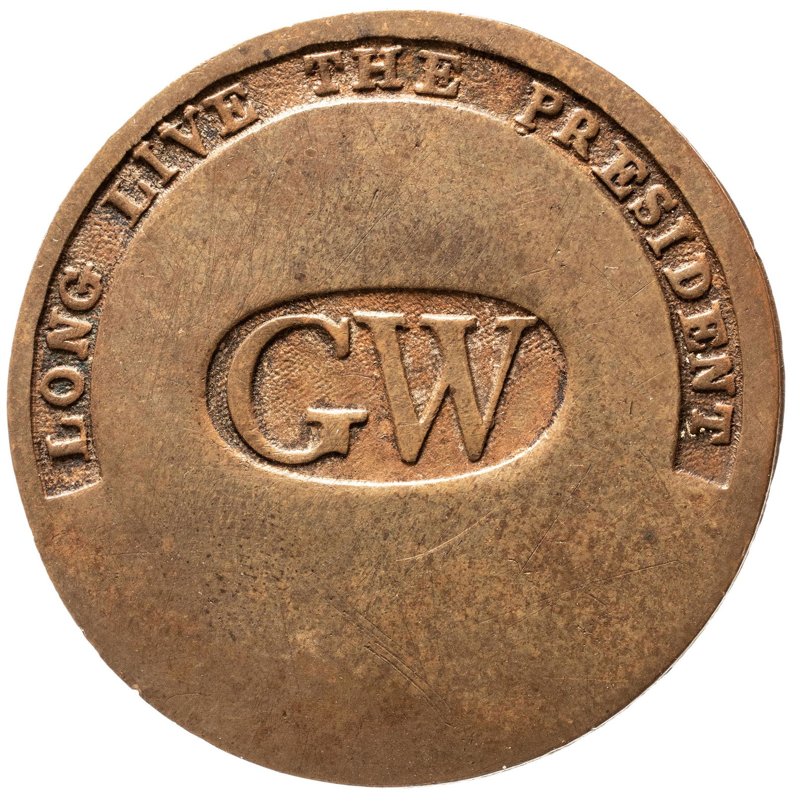 (1789) George Washington Inaugural Button, LONG LIVE THE PRESIDENT with Narrow GW Letters, Choice AU: Washington Buttons (1789) George Washington Inaugural Button "Long Live The President" With Narrow Block Letters "GW" Ch. AU (1789) George Washington Inaugural Button, "LONG LIVE THE PRESIDENT" with c