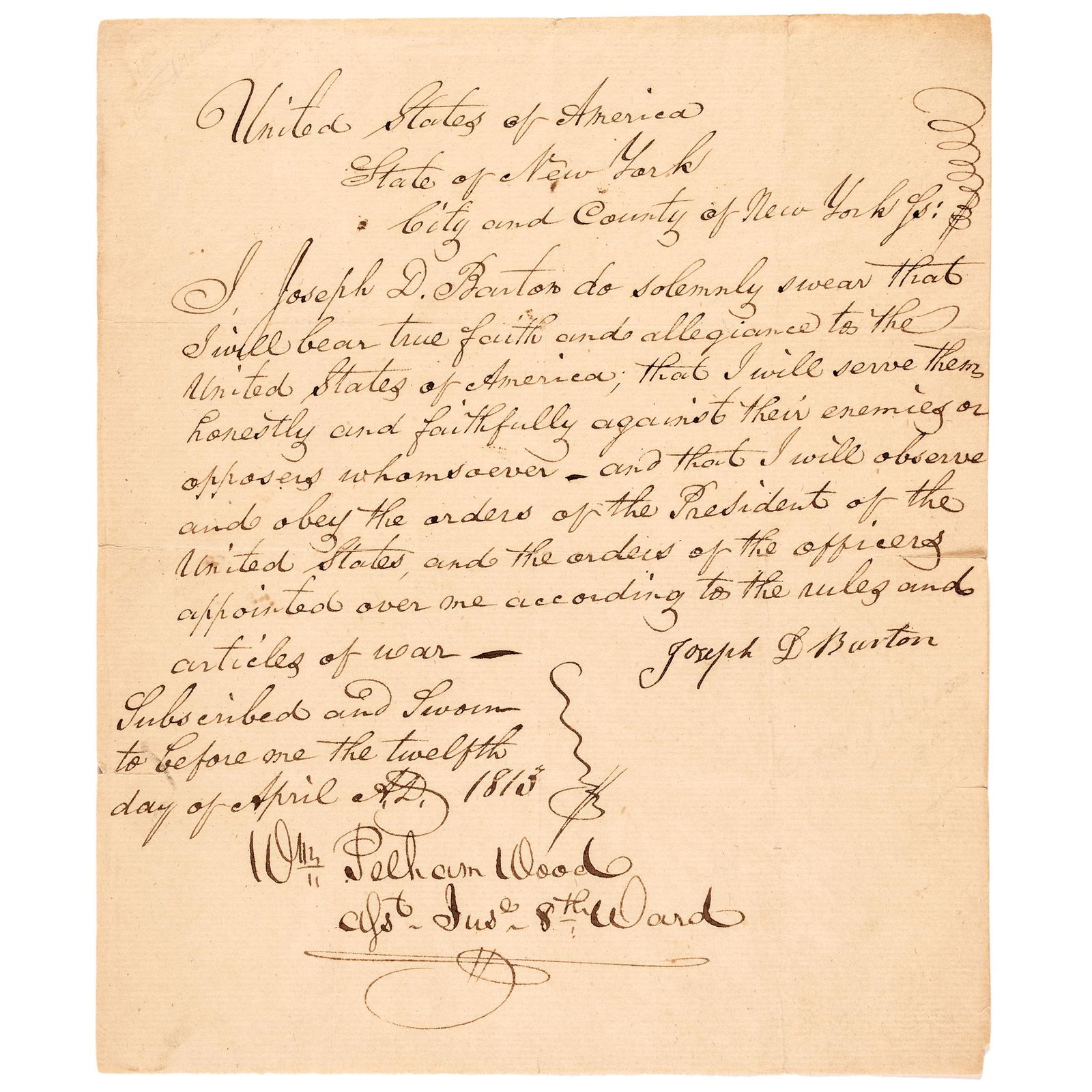 April 12, 1813 Enlistment Mans Loyalty Oath (1 of 4)