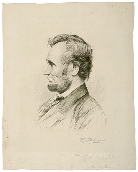 c.1865 Lincoln Engraving, by Thomas Johnson: PoliticalProfile Portrait of Lincoln Signed by the Artist “Thomas Johnson” c. 1865 Engraving of Abraham Lincoln, Signed by the Artist, Thomas Johnson, Choice Extremely Fine. Uncolored engr