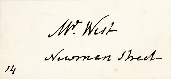 Benjamin West Signed Card: Benjamin West’s Visiting Card (BENJAMIN WEST), British Portrait and Master Painter, Founder and President of the Royal Academy (1768). Visiting Card Signed, “Mr. West/ Newman Street,&rdquo