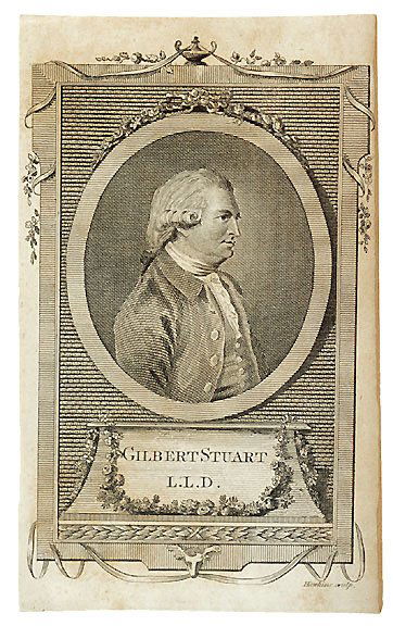 c. 1780, Print of Gilbert Stuart: Scarce Early Print of Artist Gilbert Stuart c. 1780, Print of Gilbert Stuart, Very Fine. 7.5” x 4.75,” light, even, age toning. Engraved by Hawkins. Stuart became famous for his painting o