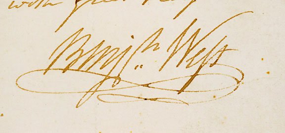 1815 Signed Letter - Benjamin West: A Royal Academy Reception in Honor of Medals Commemorating Historic Battles of Waterloo and Les Quatre Bras BENJAMIN WEST, American-born artist. Autograph Letter Signed, “Benjn. West” as P