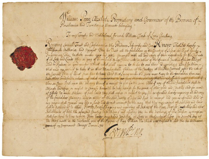WILLIAM PENN, Signed Land Patent Document