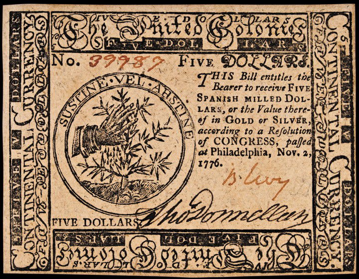 Colonial Currency, BENJAMIN LEVY Continental Note: Famous Signers on Colonial Currency Beautiful Uncirculated Benjamin Levy Signed Continental Continental Congress. November 2, 1776. Five Dollars. Signed "B.(enjamin) Levy." Choice Crisp Uncirculated.