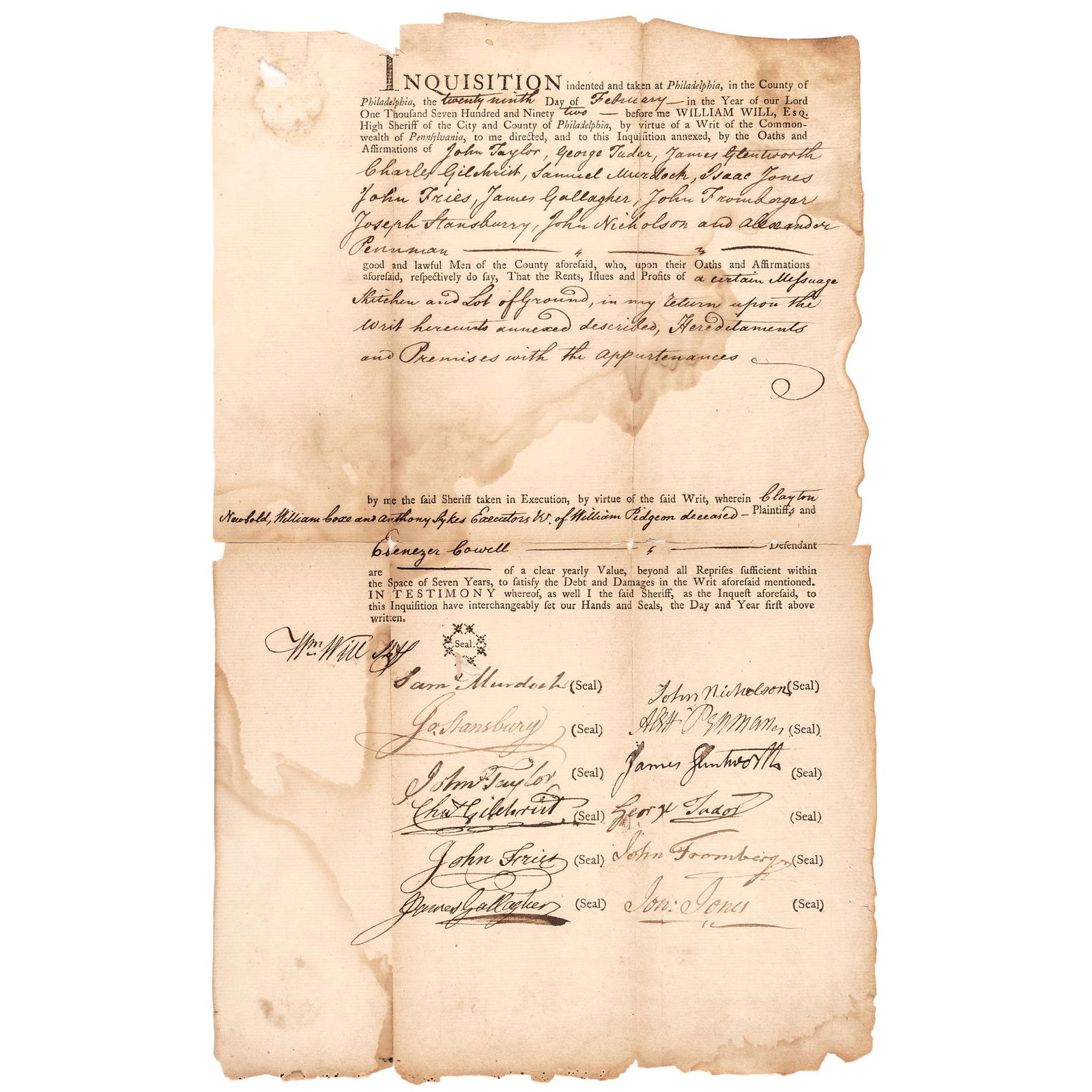 1792 JOSEPH STANSBURY, JOHN NICHOLSON and Many Others ... Signed Philadelphia Legal Document (1 of 3)
