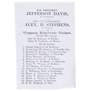 1861 Confederate Electoral Ticket for President Jefferson Davis + Alexander Stephens: Civil War Confederate Documents 1861 Confederate Electoral Ticket for Pres. Jefferson Davis 1861 Confederate Electoral Ticket for President Jefferson Davis of Mississippi and Alexander H. Stephens of