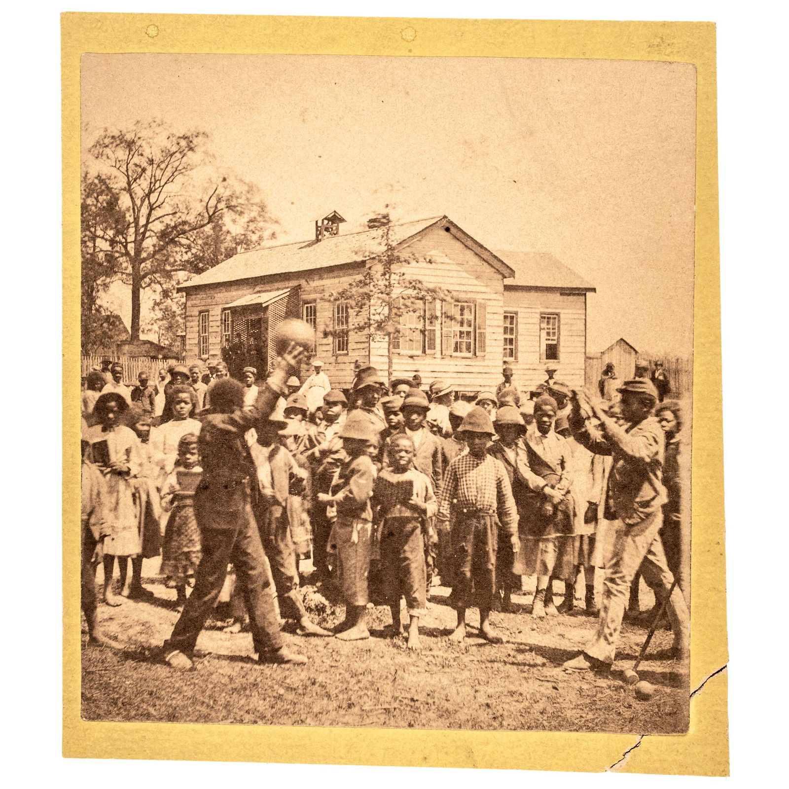 c 1860 Albumen Photograph of Black African American School Age Children Watching 2 Men Throw a Ball (1 of 2)