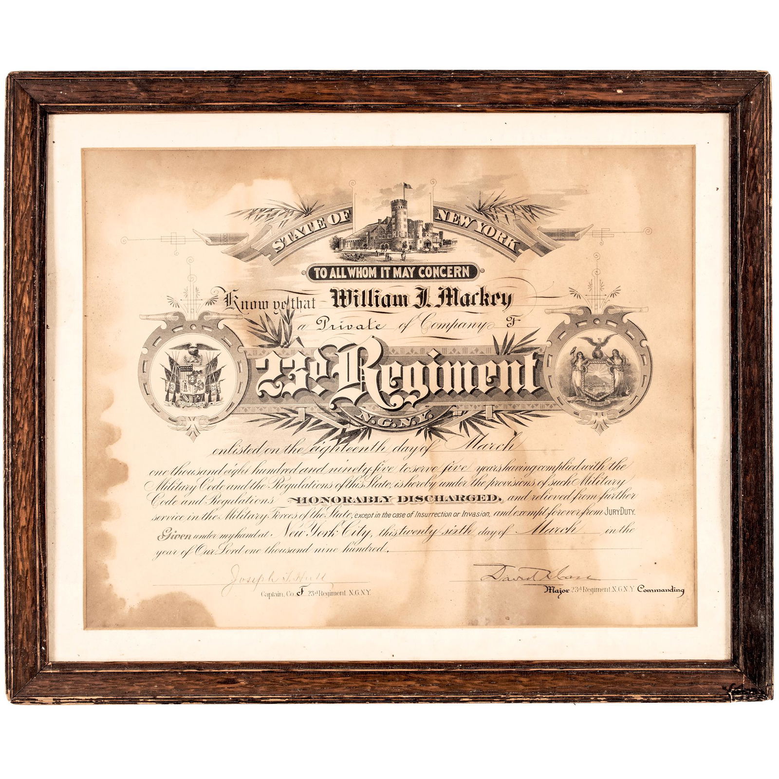 1900 State of New York Spanish-American War Era Military Discharge Certificate (1 of 2)