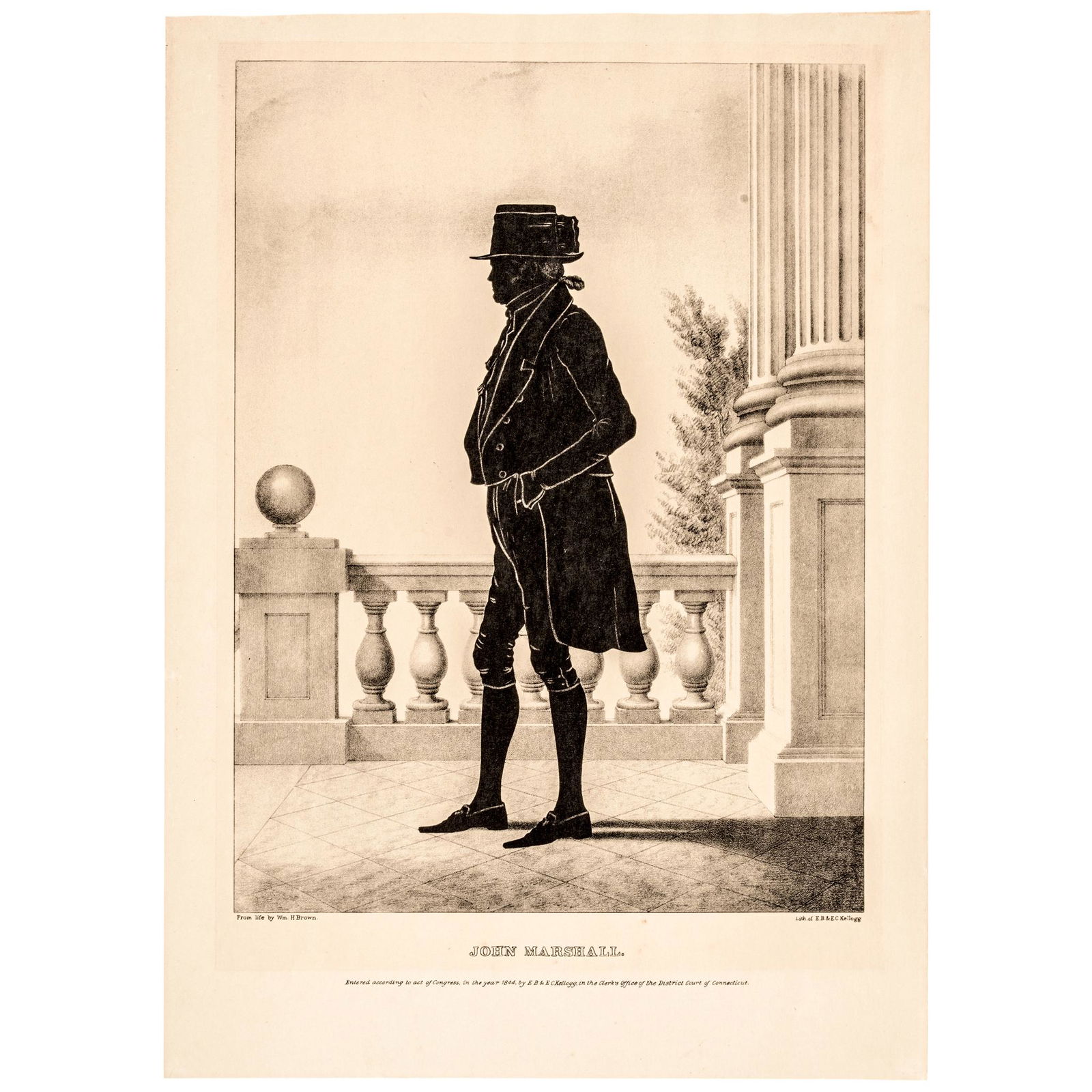 1844 John Marshall Silhouette Print by Kellogg: Political 1844 Chief Justice John Marshall Silhouette by Kellogg 1844-Dated, Chief Justice of the United States Supreme Court John Marshall, Silhouette Print by E.B. & E.C. Kellogg, Choice Extremely F
