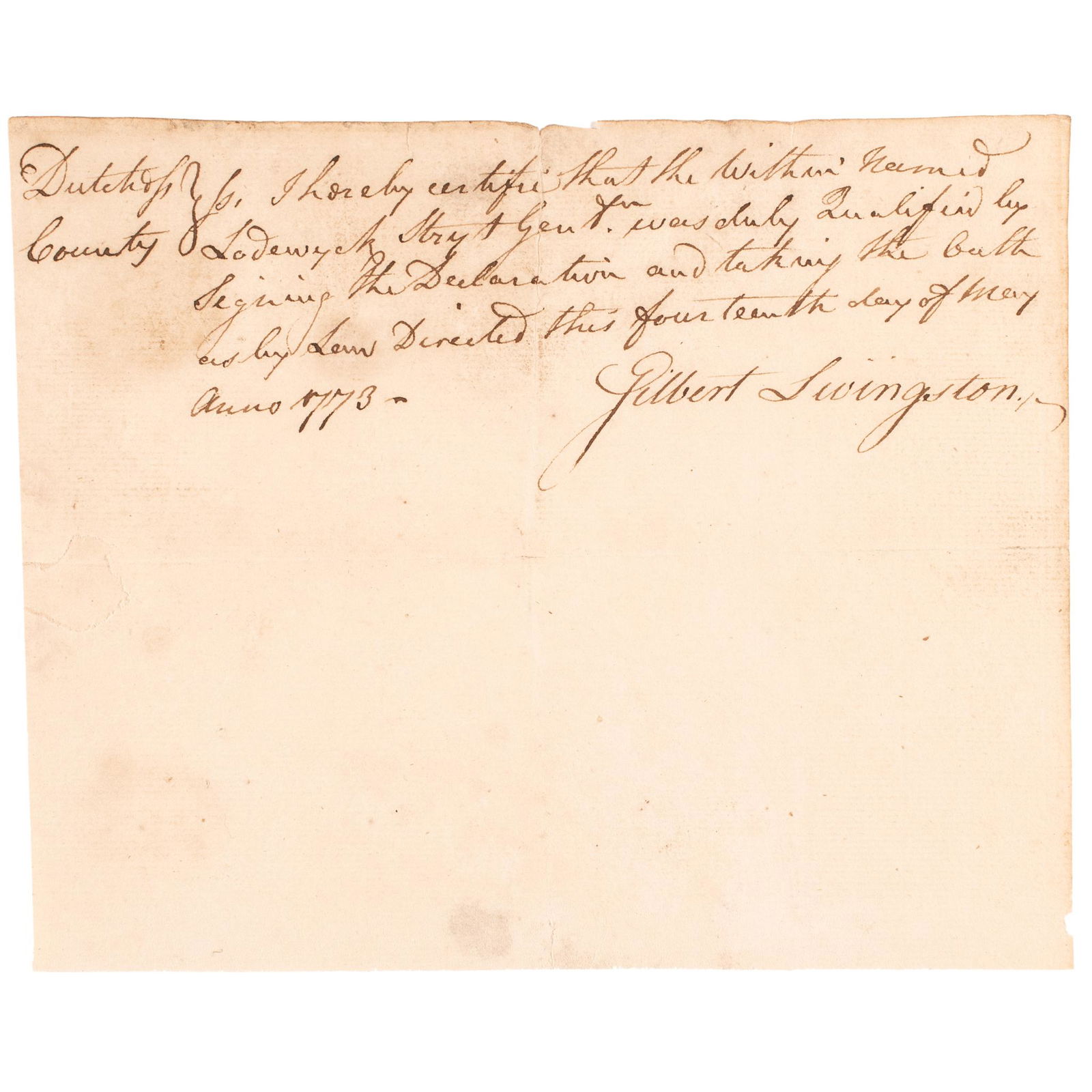 1773-Dated Gilbert Livingston Signed New York Military Oath, He Voted to Ratify the US Constitution (1 of 5)