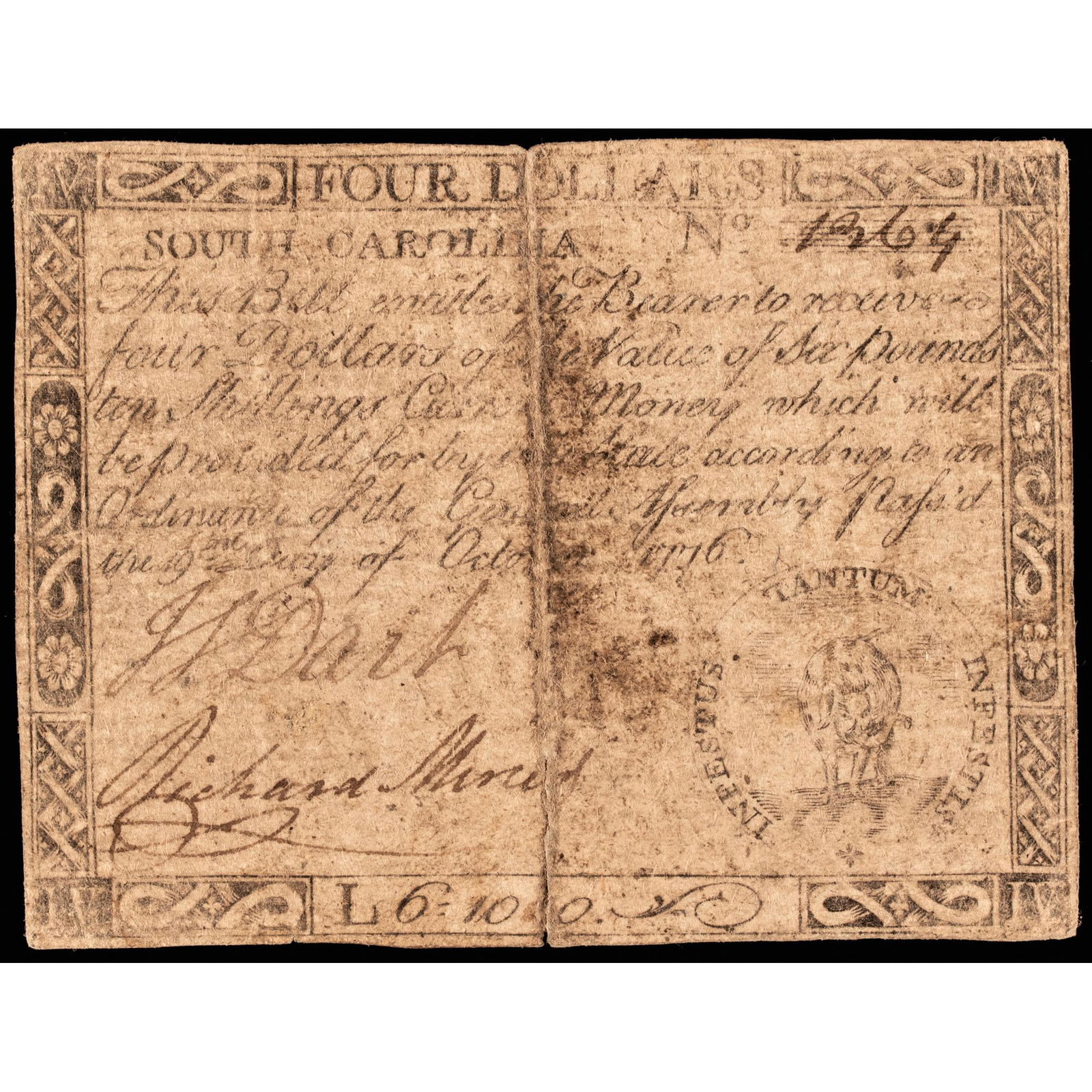 Colonial Currency, South Carolina, October 19, 1776, Four Dollars, Elephant vignetted Note (1 of 2)