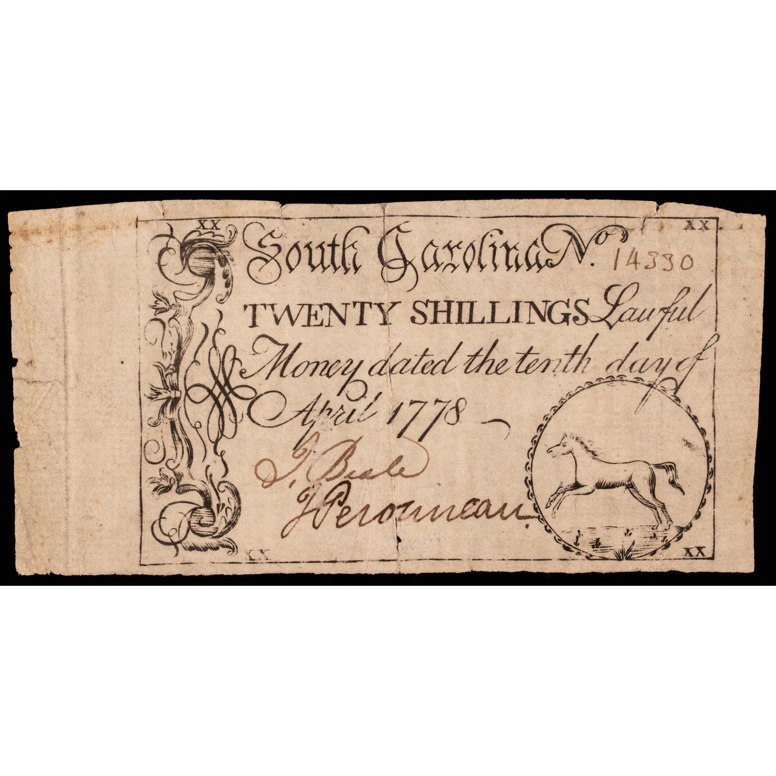 Colonial Currency, South Carolina April 10, 1778 Twenty Shillings Horse vignette PMG Choice Fine-15 (1 of 6)