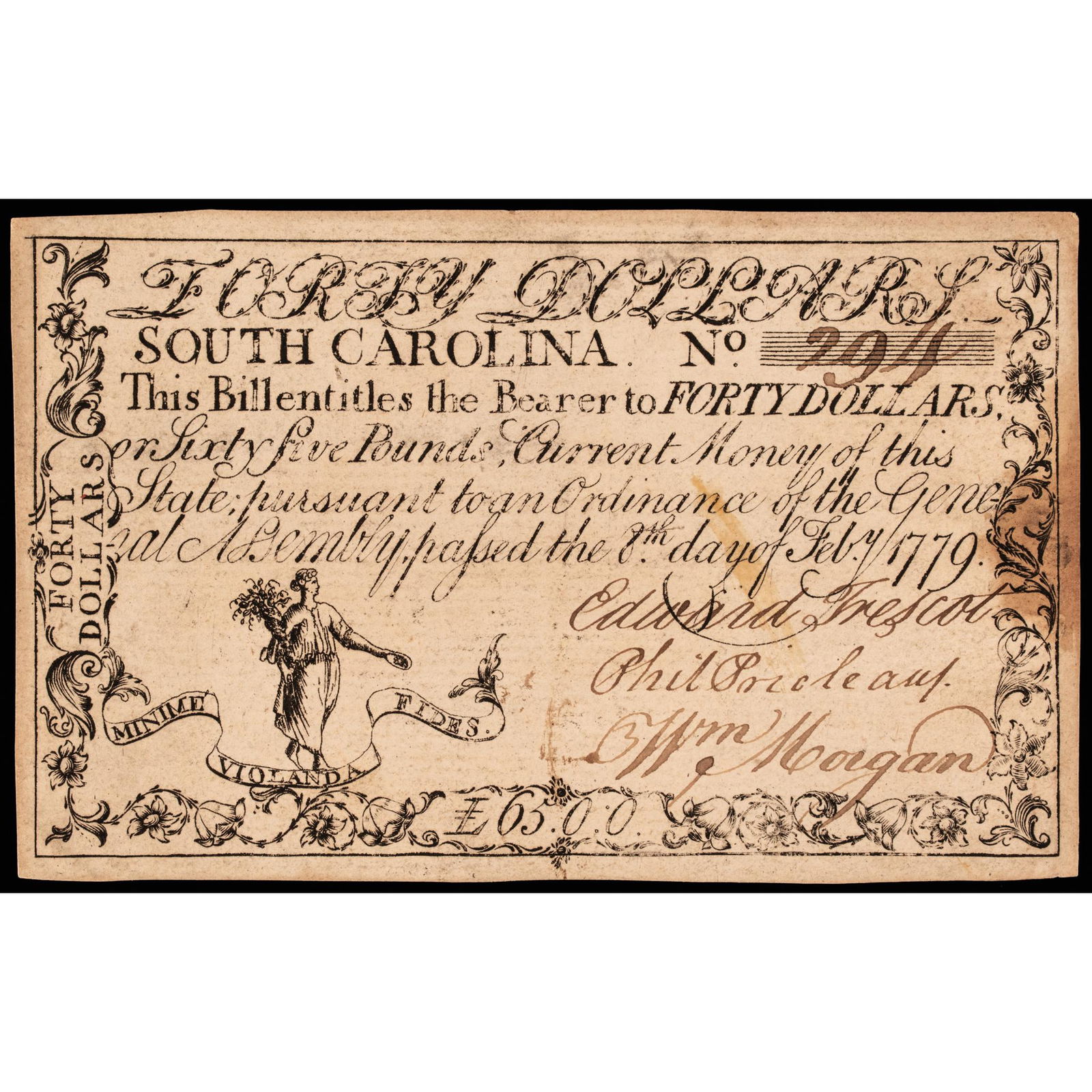 Colonial Currency, South Carolina Feb. 8, 1779 Forty Dollars Angel Blowing Her Trumpet vignette Note (1 of 2)