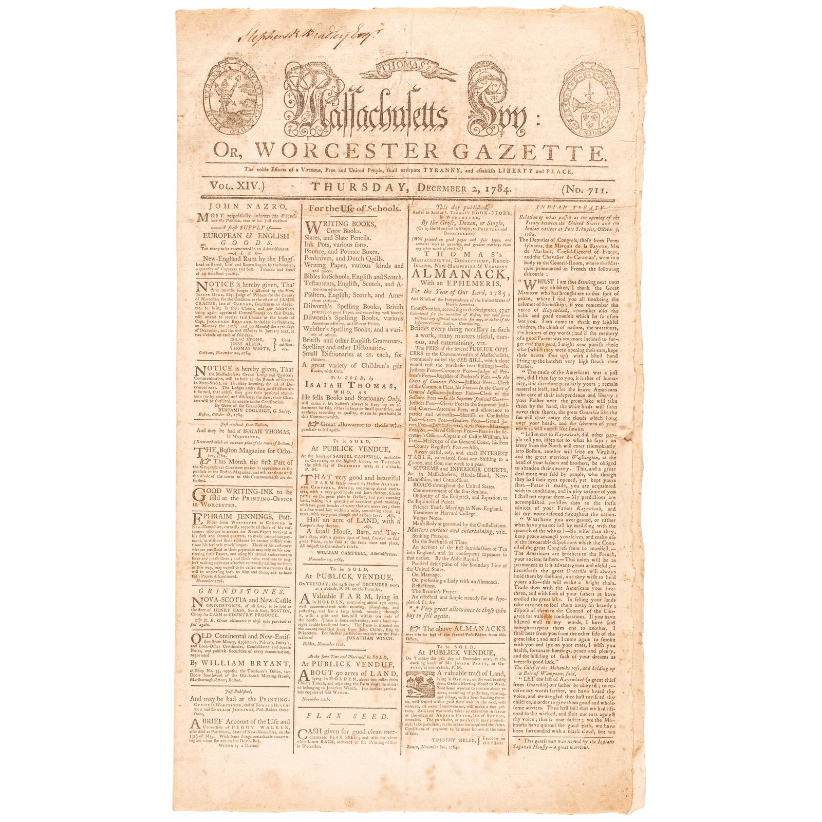 1784 PAUL REVERE Engraved Masthead Massachusetts Spy Newspaper with FORT STANWIX TREATY: American Revolution 1784 PAUL REVERE Engraved Masthead "Massachusetts Spy" Newspaper with "Liberty Defended From Tyranny" and Extensive Report on the October 1784 TREATY of FORT STANWIX & the revered 