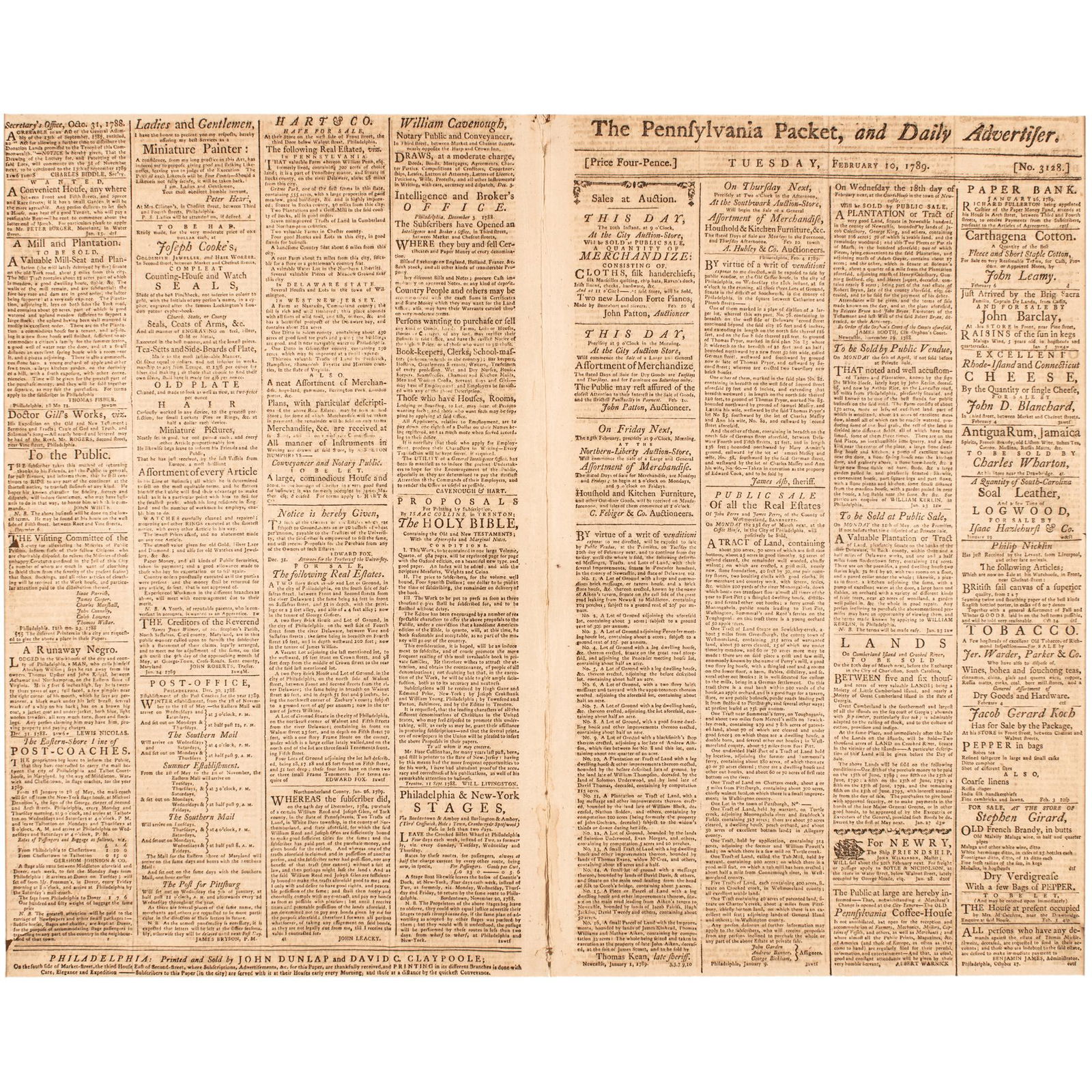 1789 John Dunlap Newspaper Lists Pennslyvania Electors for the First U.S. Presidential Election (1 of 9)