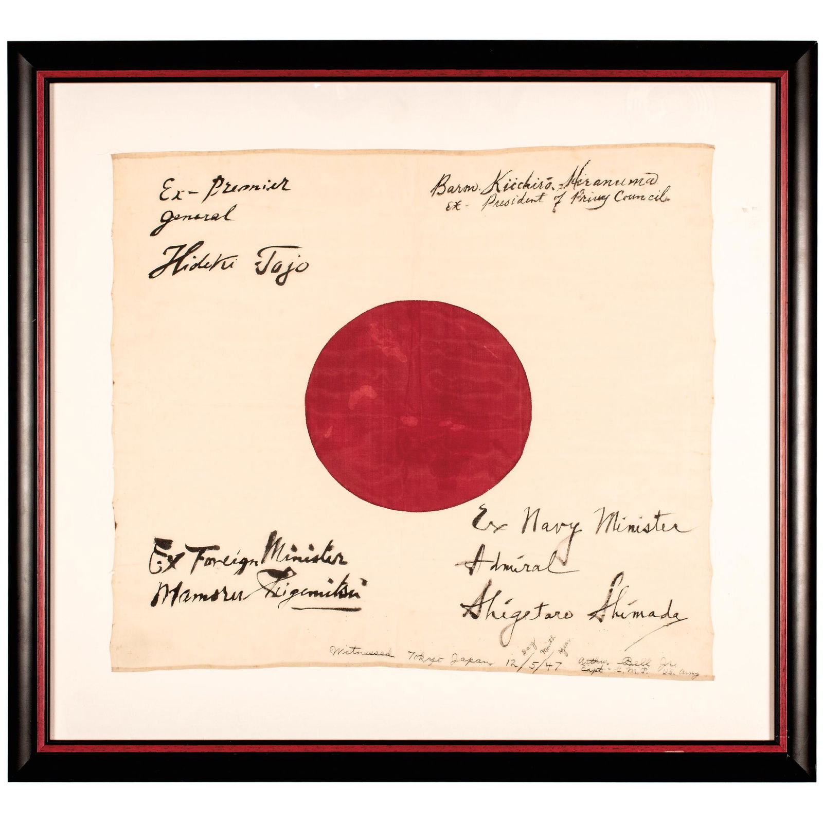 1947-Dated Amazing Rare Silk Japanese Flag Signed by four top World War II Japanese Officials;: Autographs Japanese Major General HIDECKI TOJO who served as Prime Minister of Japan & BARON HIRANUMA KIICHIRO Senior Advisor to Emperor Hirohito & MAMORU SHIGEMITSU Japanese Minister of Foreign Affai