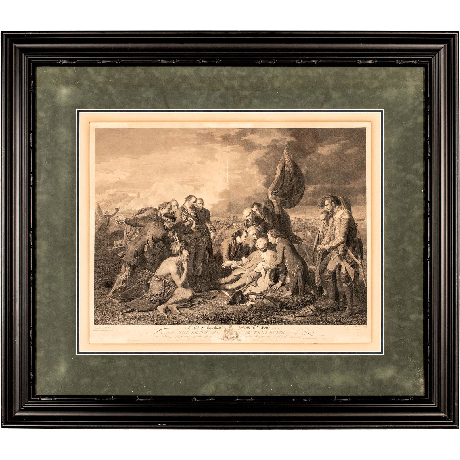 1776 Engraved Print, The Death of General Wolfe, After Benjamin West, Engraved by William Wollett: Colonial America 1776-Dated "The Death of General Wolfe" After Painting by Benjamin West, William Wollett Engraver, Published by William Wollett and John Boydell January 1, 1776-Dated, Original Engrav