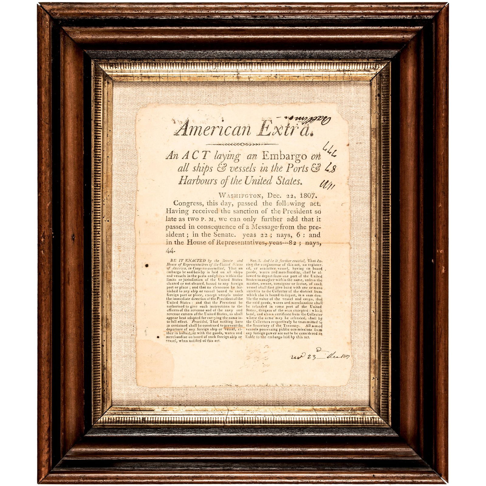 December 22, 1807, EMBARGO ACT of 1807 BROADSIDE, Printed Announcement with its Complete Full Text (1 of 3)