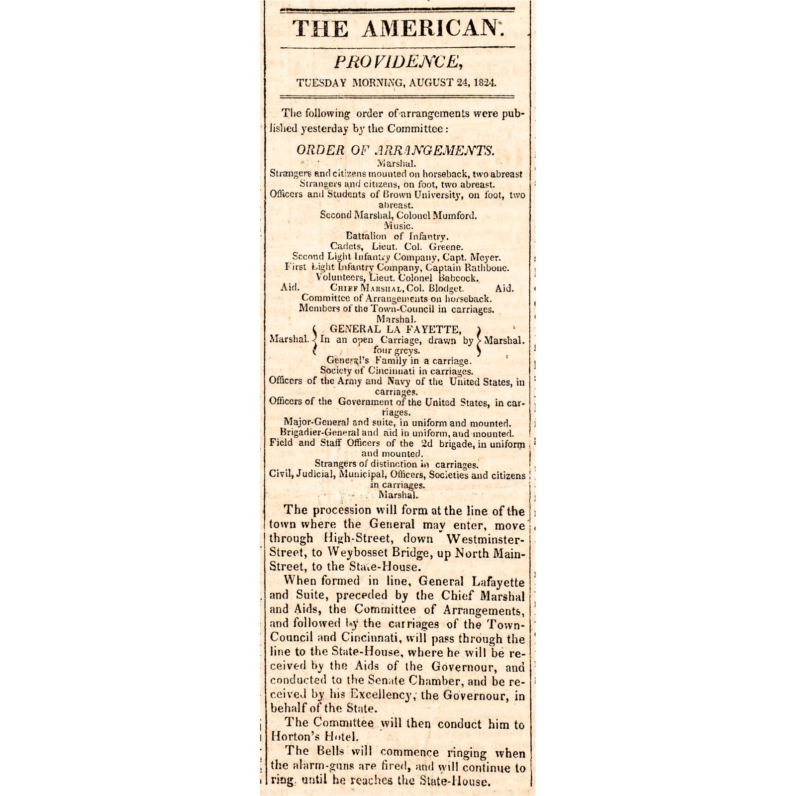 August 24, 1824 Rhode Island Newspaper Reporting the Visit of Revolutionary War General Lafayette (1 of 5)