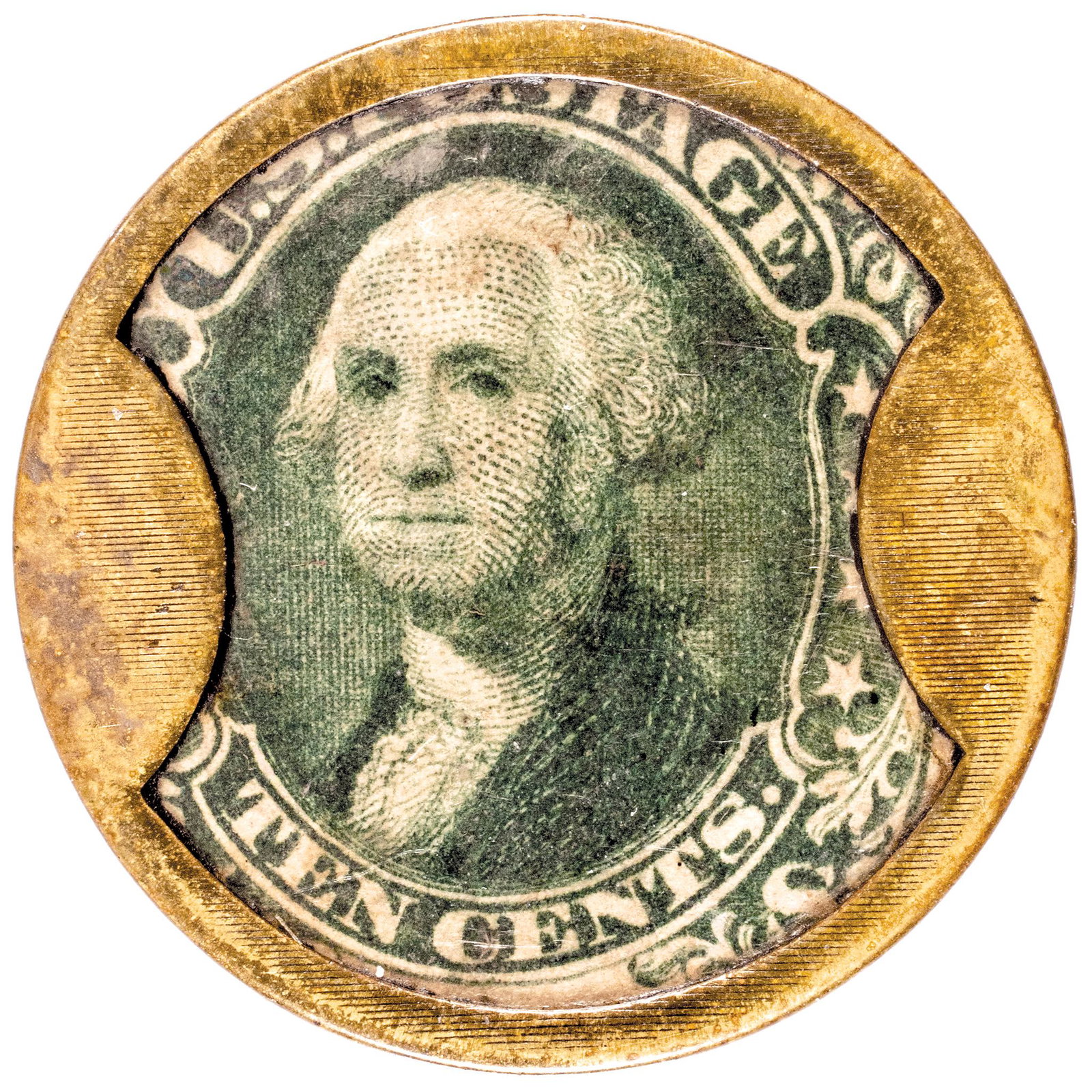 1862 Civil War Encased Postage Stamp Emergency Currency Ten Cents, J. GAULT, with Ribbed Frame, VF (1 of 2)