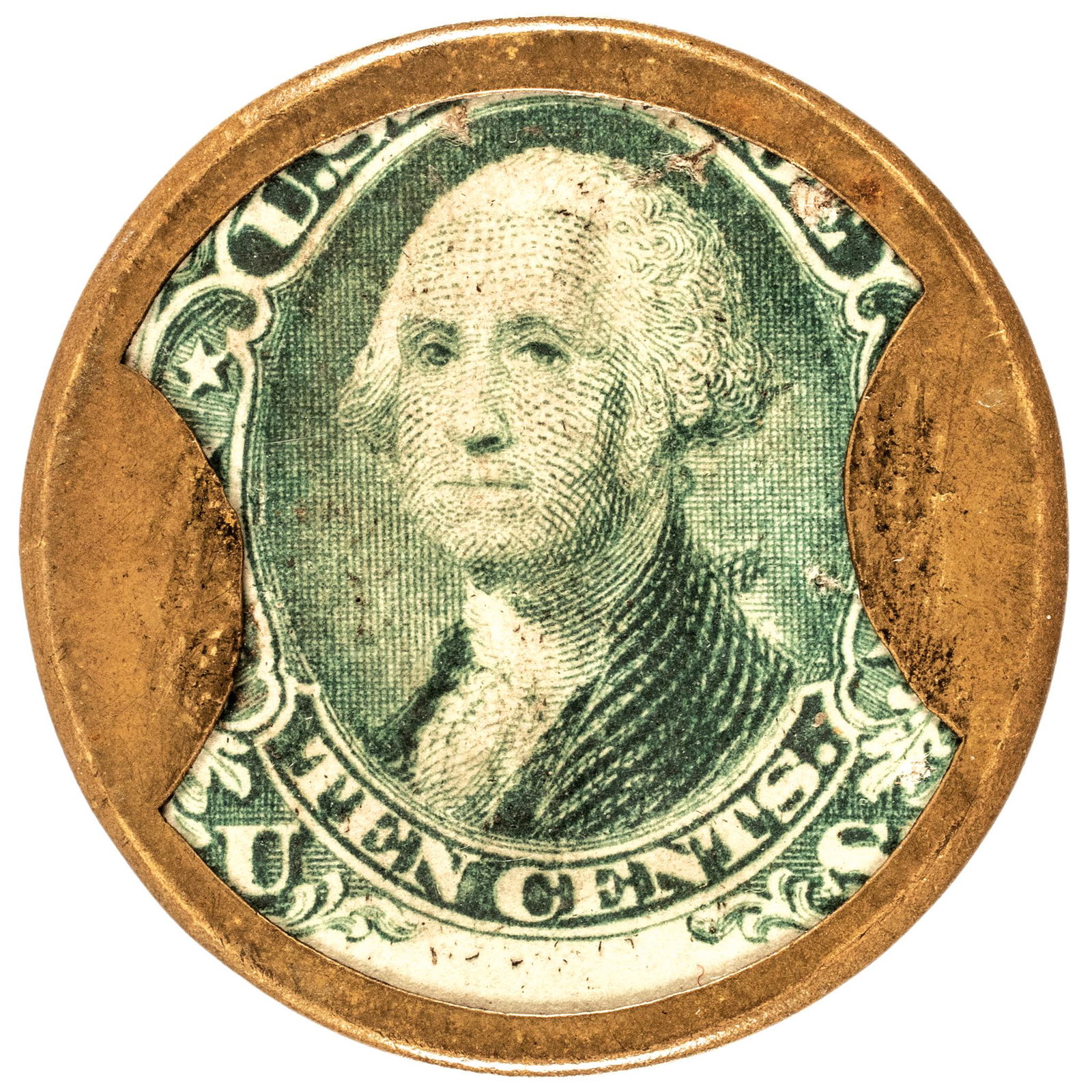 1862 Civil War Encased Postage Stamp Emergency Currency, 10 KIRKPATRICK + GAULT, New York City, R-5 (1 of 2)