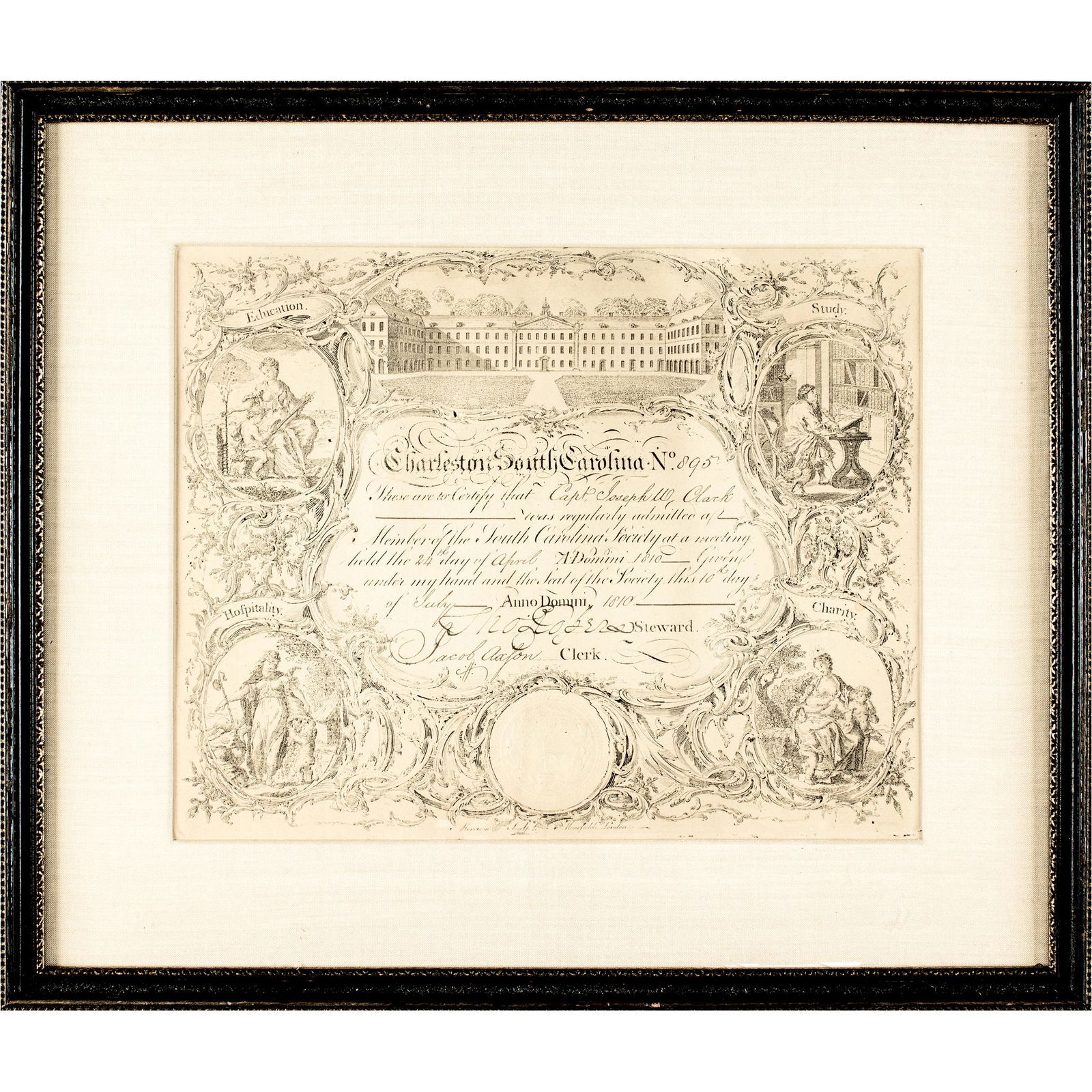 1810-Dated Original Beautifully Engraved, South Carolina Society, Membership Certificate (1 of 3)