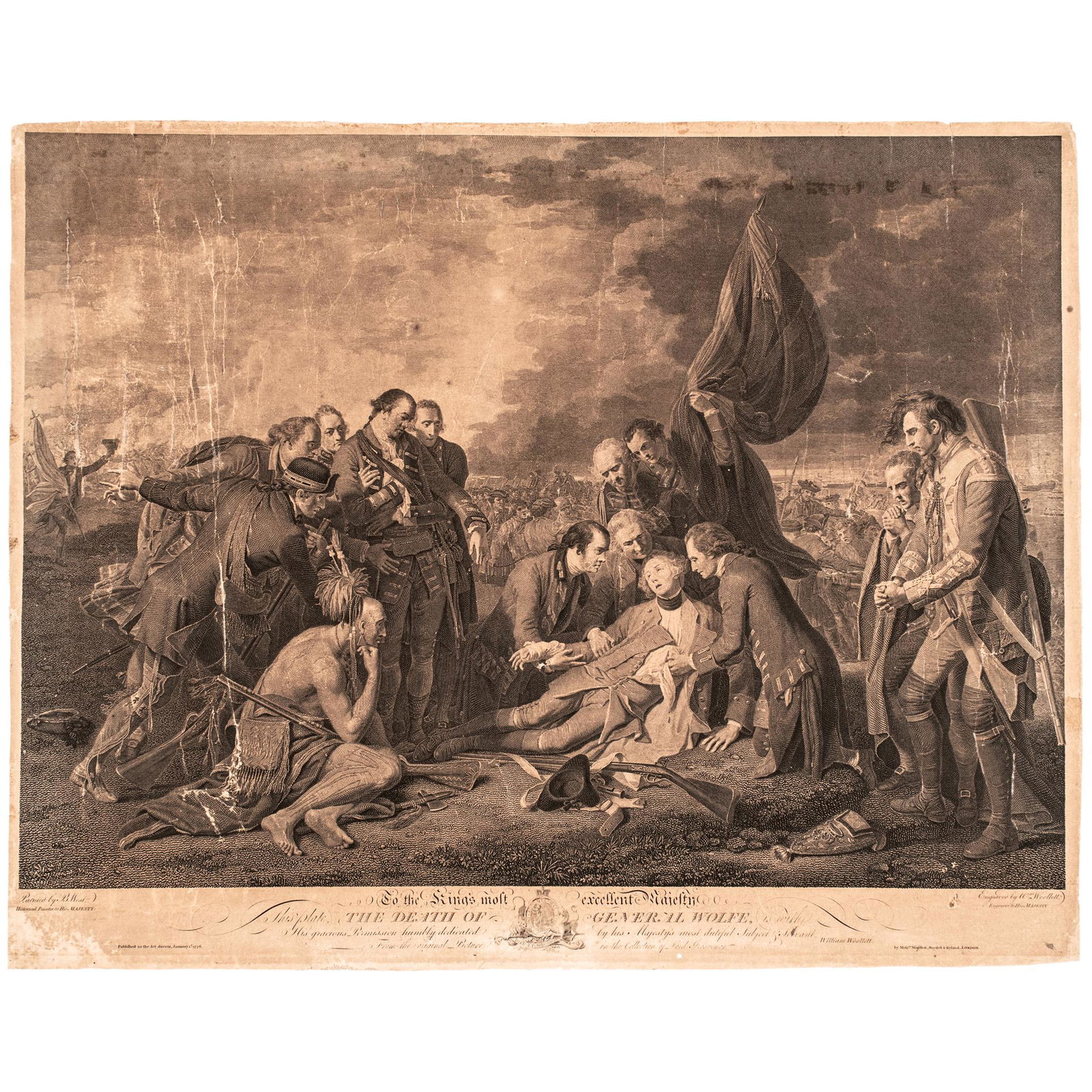 1776, The Death of General Wolfe, After Benjamin West, Published by William Wollett engr. + Boydell: Colonial America 1776-Dated "The Death of General Wolfe" After Painting by Benjamin West, William Wollett Engraver, Published by William Wollett and John Boydell January 1, 1776-Dated, Original Battle