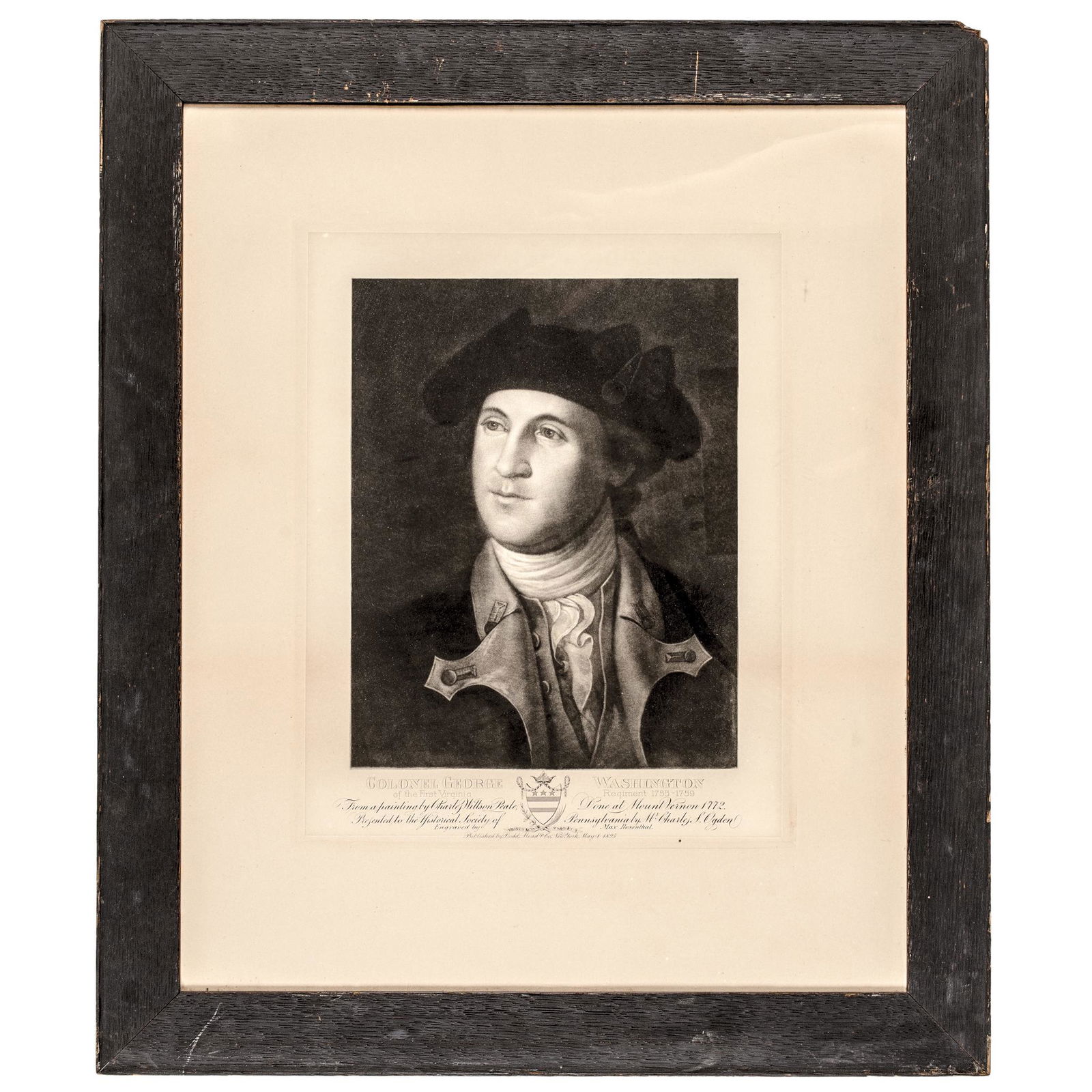 1895 Colonel George Washington Plate Proof Print Impression, Publ. by Dodd, New York, Framed: Washington Related "Colonel George Washington" Plate Proof Print Engraved by Max Rosenthal, Published by Dodd, Dead & Co., NY May 1, 1895, Colonel George Washington Mezzotint Portrait Plate Proof Prin