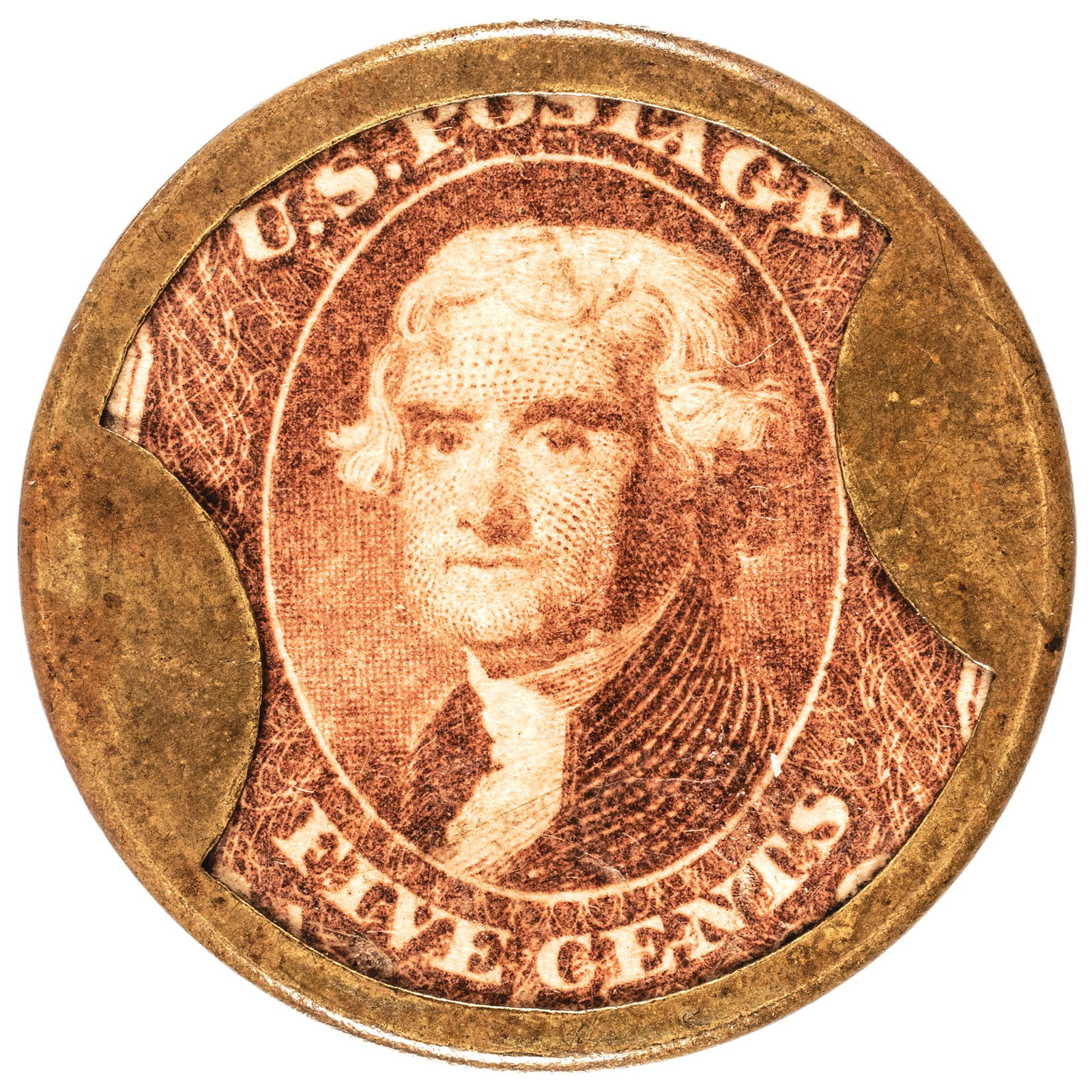 1862 Civil War Encased Postage Stamp Currency, 5 GAGE BROTHERS + DRAKE, Tremont House, Chicago (1 of 2)