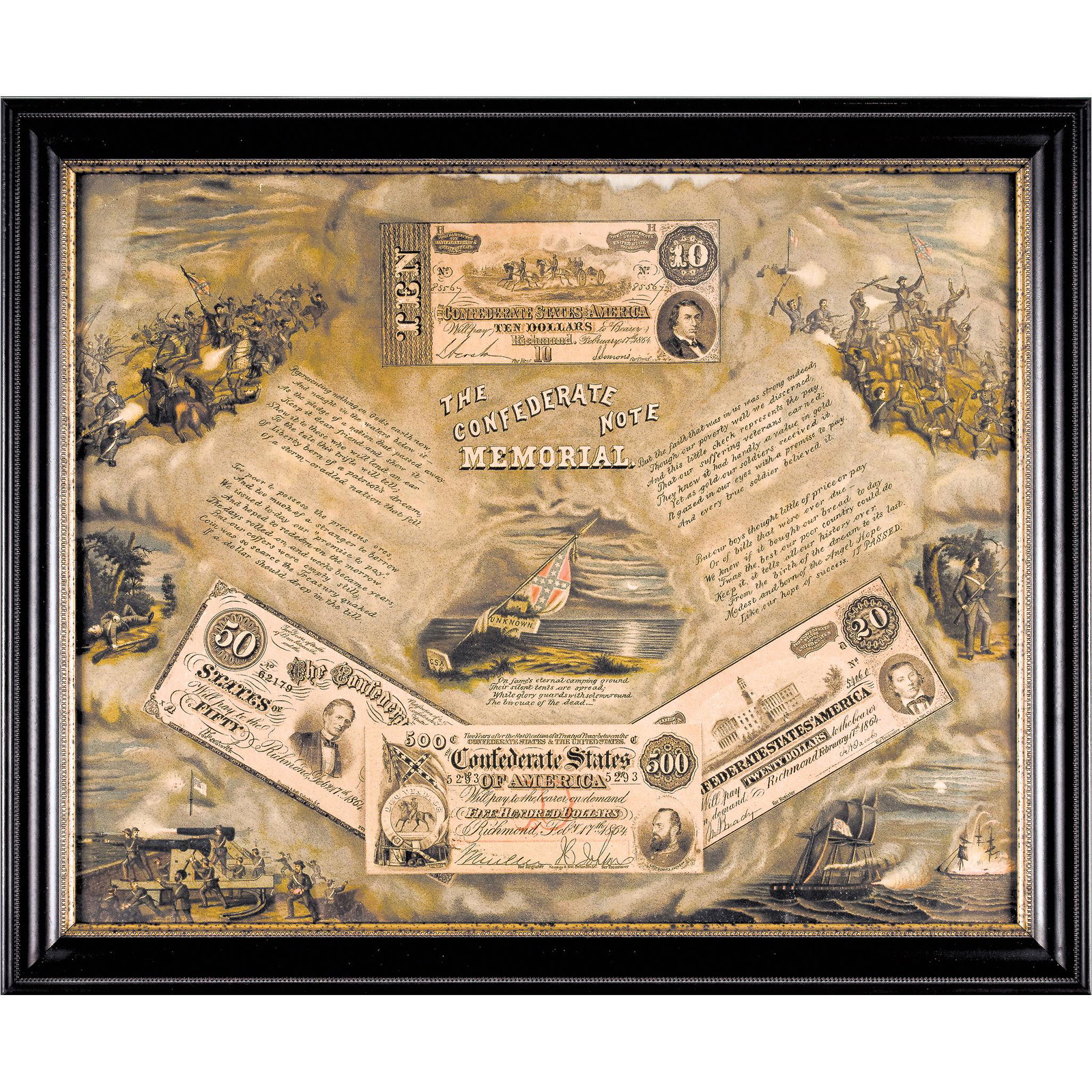 c. 1875, THE CONFEDERATE NOTE MEMORIAL - Rare Framed Color Chromolithograph Print (1 of 5)